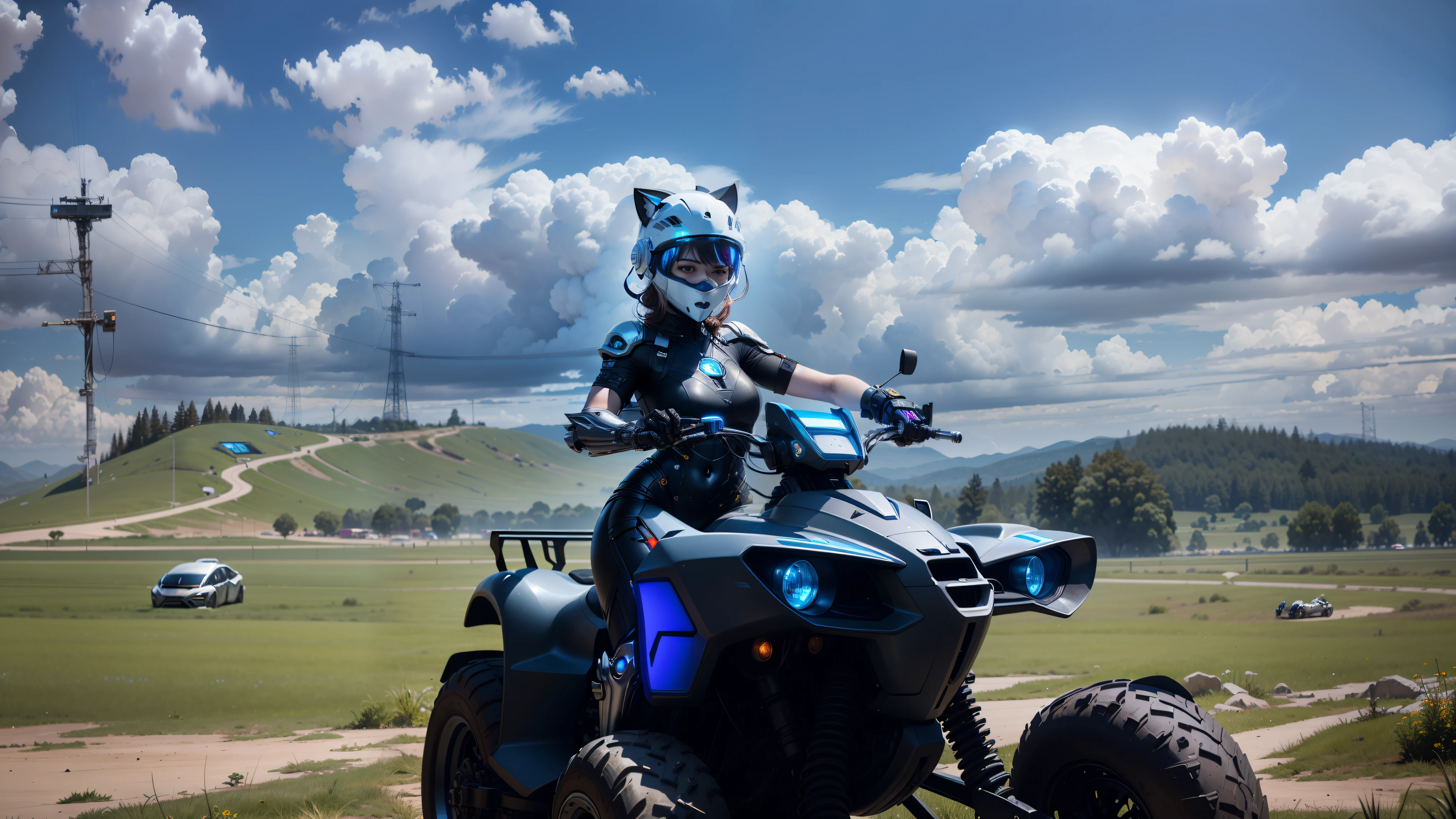 Cyberpunk sexy cute female warrior and cybermechanical car, white tech helmet (helmet with cat ears), full body exquisite high-tech armor, Nousr, biomechanics, MSHN robot man, high-tech helmet, surreal, steel, intricate design, crazy details, fine details, extremely clear lines, cinematic lighting, photo realism, detailed masterpiece