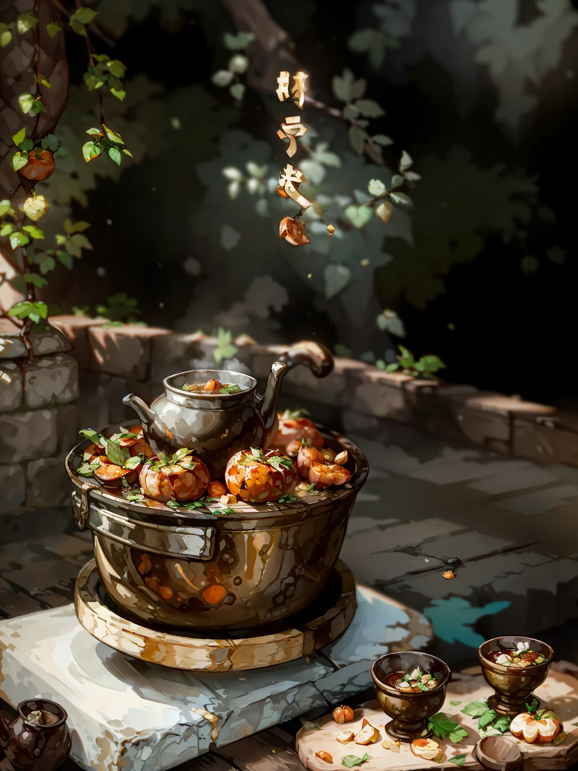 Stove, roasted sweet potatoes and persimmons, tea leaves