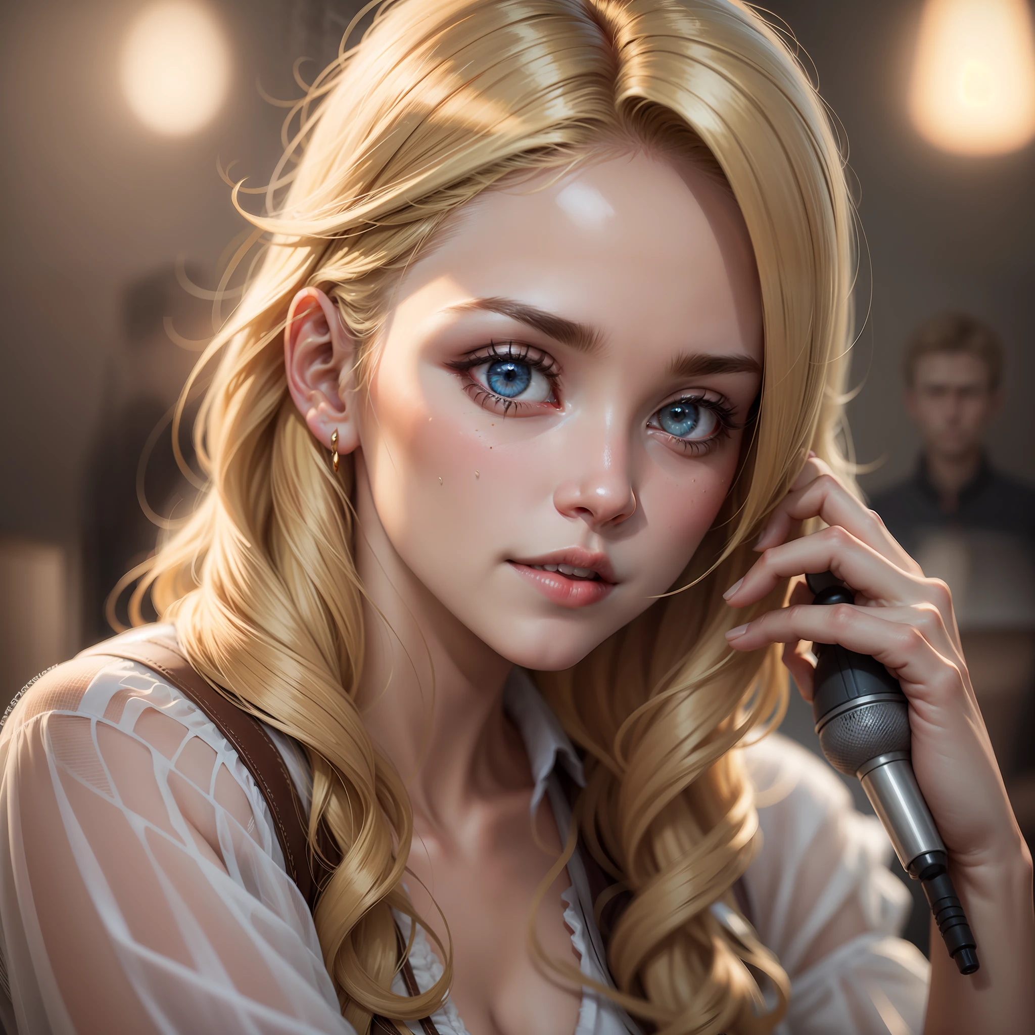 Journalist gorgeous cute blonde hot ultra-realistic movie lighting photo 8k