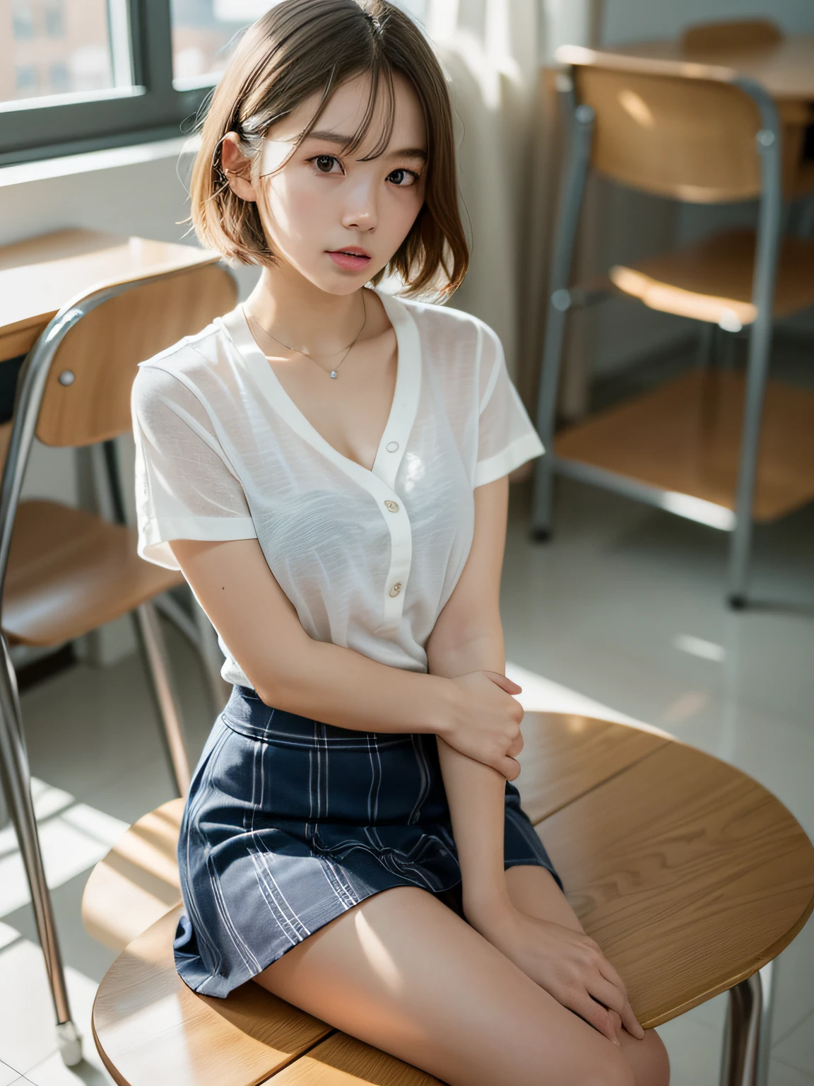 ((Best Quality, 8k, Masterpiece: 1.3, Raw Photo)), Sharp Focus: 1.2, (1 aespa Girl: 1.2), (Realistic, Photorealistic: 1.37), (Face Focus: 1.1), Cute Face, Tenderness, Small Breasts, Flat Breasts, Short Messy Hair, Sitting, Spread Legs, White Summer Casual Shirt, Skirt, She Rolls Up Her Skirt, Classroom, natural light, baby face, shameful look,