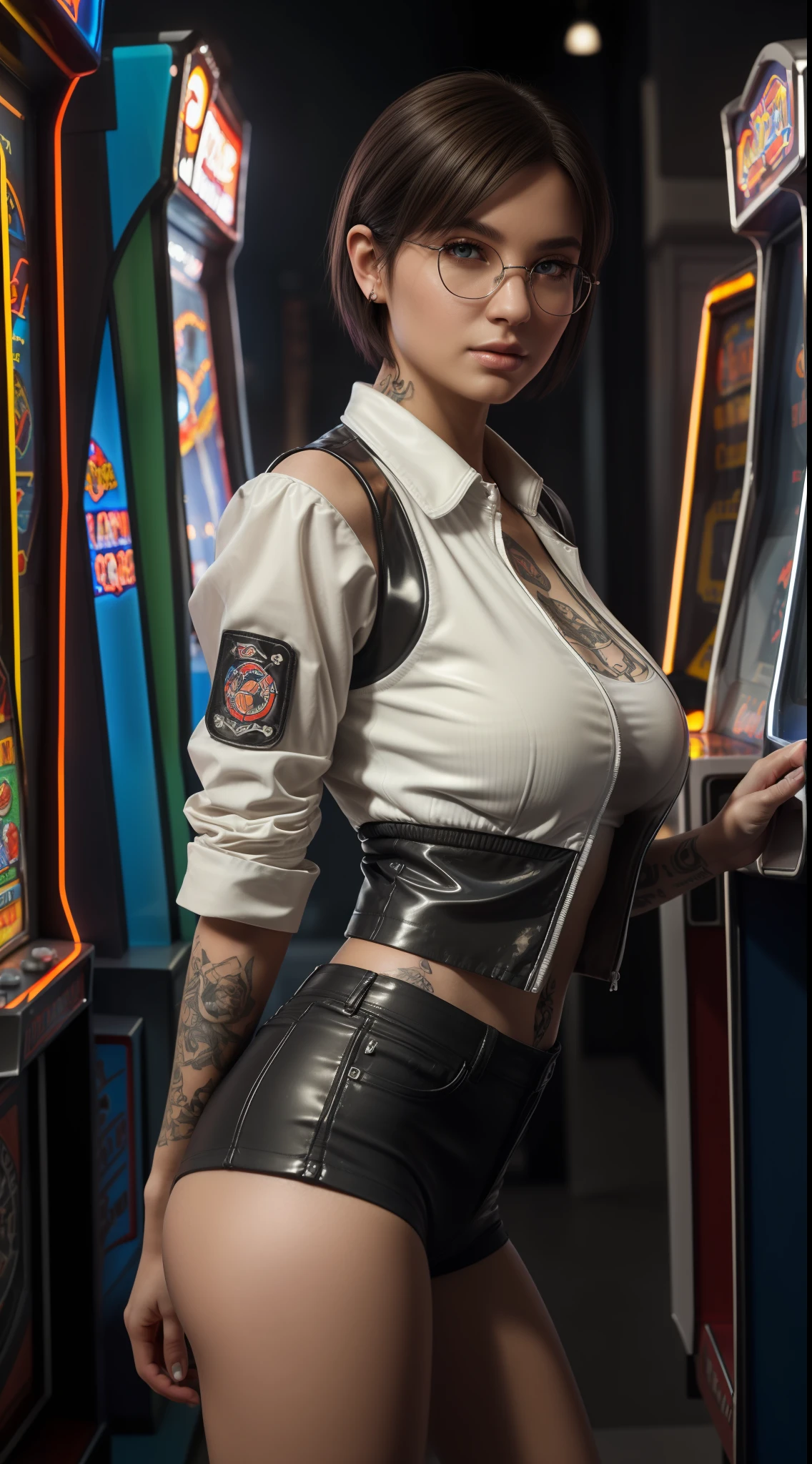 ((Best quality)), ((masterpiece)), ((realistic)), raw photo, 8K, fashion, ((half body: 2)) beautiful and sexy nerd girl (big breasts: 1.5 and short hair: 1.5) with white top (upshirt: 1.7) t-shirt with nerd design+(tattoos: 1.5)+(concept glossy techwear jacket: 1.5+tatical vest: 1.2), body anatomically correct, ((perfect face and perfect eyes: 2)) short hair, ((arcade house background: 2)], epic cinematic + extremely high detail + realism, Dramatic lighting + ray tracing: 1.8, cinematic, delicate, detailed, photo realistic, beauty photography, 4k+HDR+UHD, low key, beautifully color graded, Cinematic , Color Grading, Photoshoot, Depth of Field, DOF, Tilt Blur