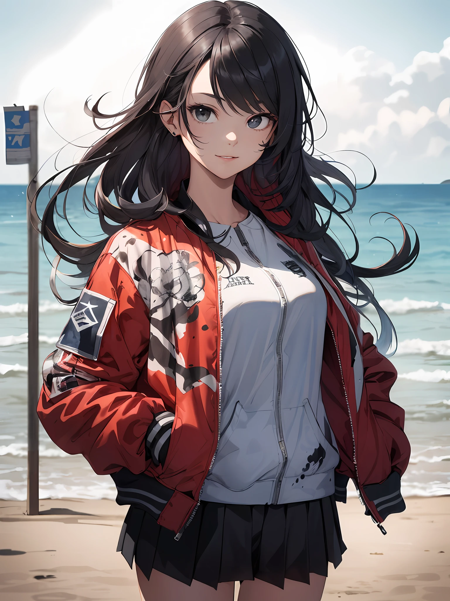 soro woman,(best texture:1.3),UHD,( 1woman , Breezy Beach:1.5),Japanese woman, absurdres,((masterpiece)), ((best quality)), (ultra-detailed), ((extremely detailed)),high definition,an extremely delicate and beautiful,((best quality)),,colorful,(very long (red) oversized bomber jackett:1.3), (beautiful detailed school uniform), military boots,,((extremely detailed)), 4K, (8K),best quality,, illustration,(ink splash:1.6),(pencil drawing:1.3), (watercolor pencil2:1.6 ),, (beautiful),((perfect face,perfect body,perfect anatomy)),((so cool)), cute, brake, 20years old,full body, smile,( extra long hair:1.3), (bluish black hair:1.3), straight hair, hime cut, (tilted eyes:1.3), (black eyes:1.4), (tall stature), athlete, slender body, small brest, ((cool face)), ((slender face)), expression fair skin, She has a beautiful face and shining eyes,