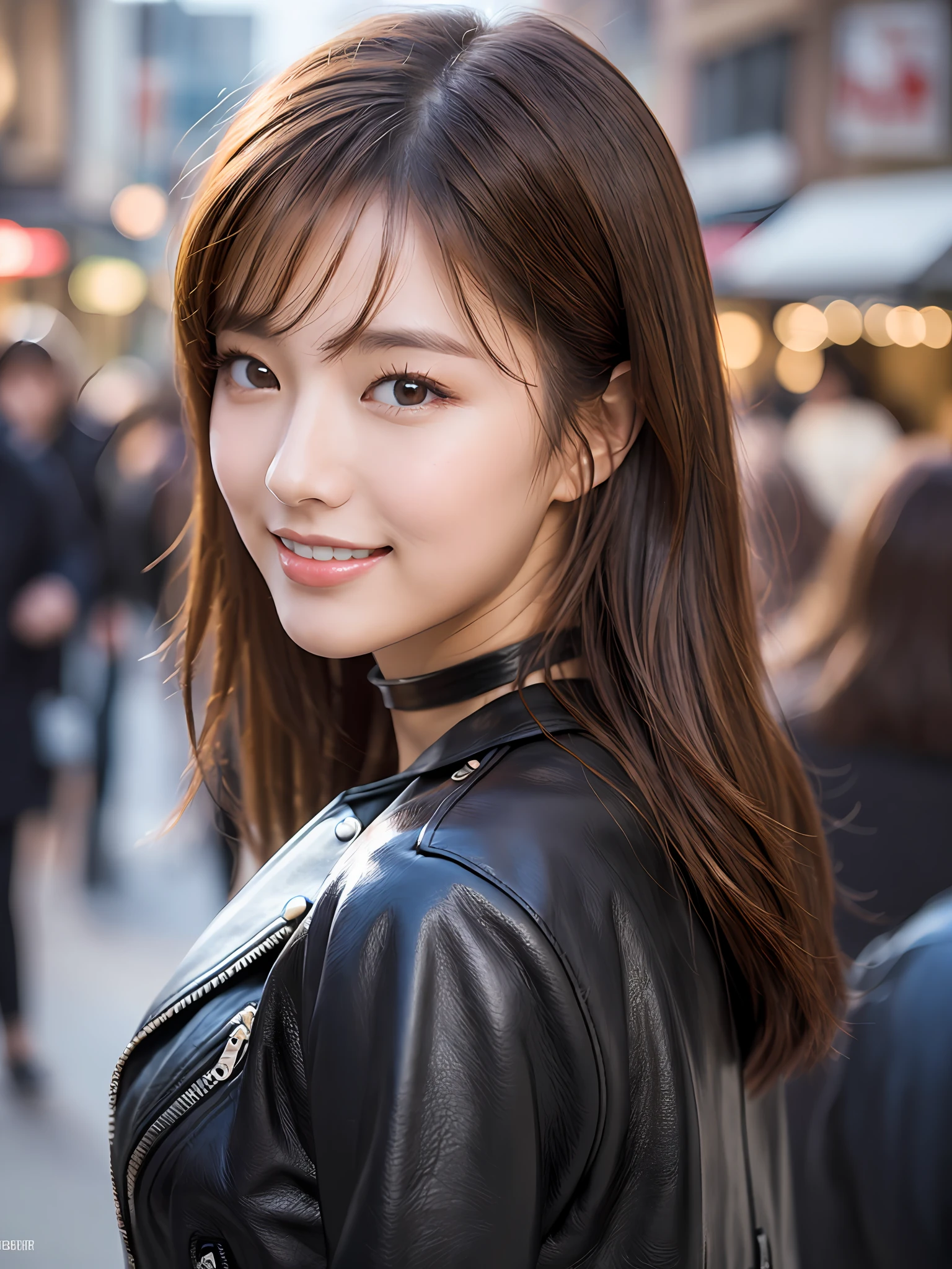 masterpiece, upper body shot, directly front view, 1 woman per 1 photo, a Japanese young pretty woman, hyper pretty face, 18 years old, walking in the crowd on the main street with big smile, glamorous figure, wearing a old leather black riding jacket, wearing a leather black pants, wearing a shiny black choker, glossy lips, double eyelids in both eyes, natural makeup, long eyelashes, shiny smooth light brown hair of medium length, asymmetrical bangs, tanned skin, head in the frame, central image, 8K resolution, high detail, detailed hairstyle, Detailed Face, spectacular cinematic lighting, octane rendering, vibrant, hyper realistic, perfect limbs, perfect anatomy