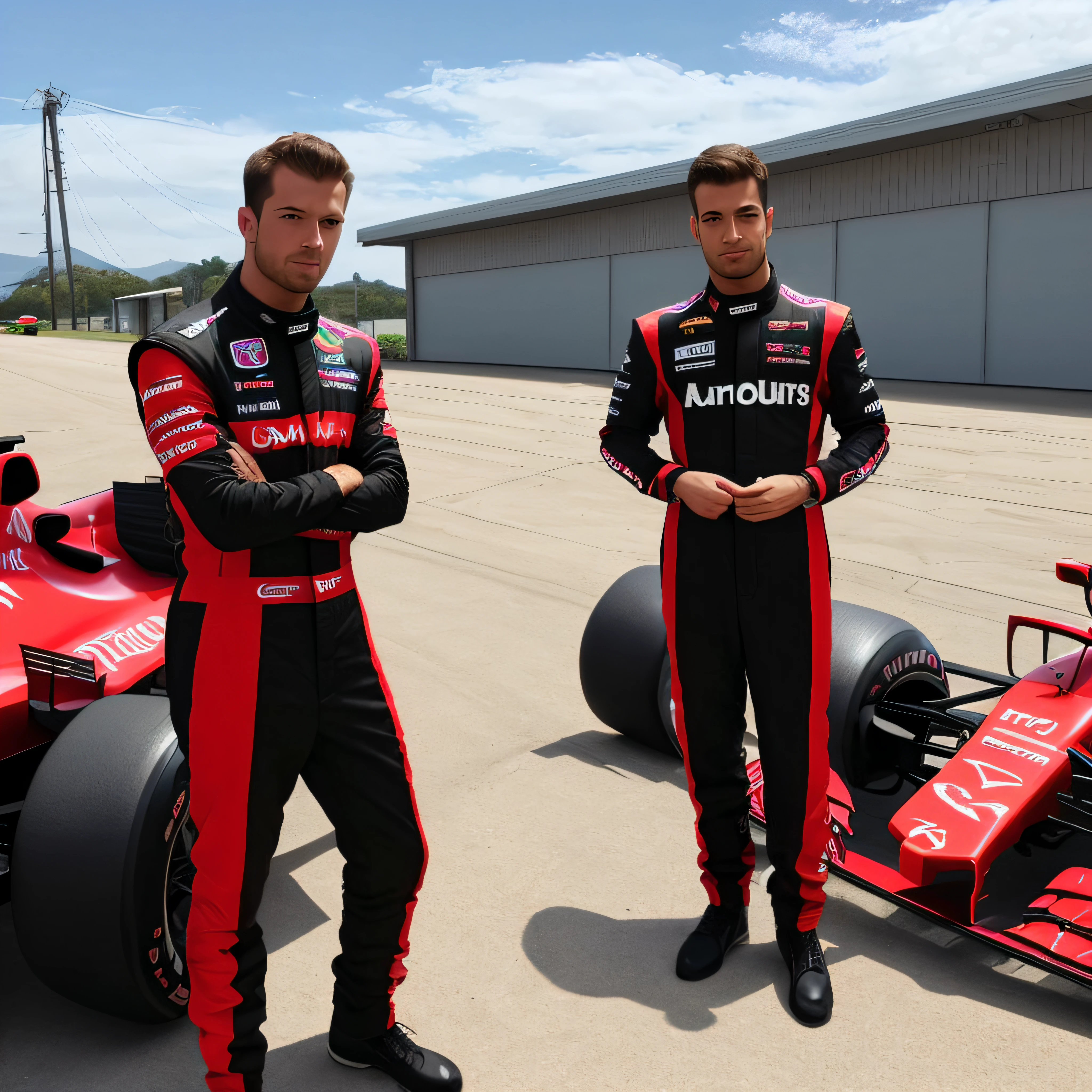 Arms crossed, body at a 45-degree angle to the left, in a black and red F1 jumpsuit. --auto