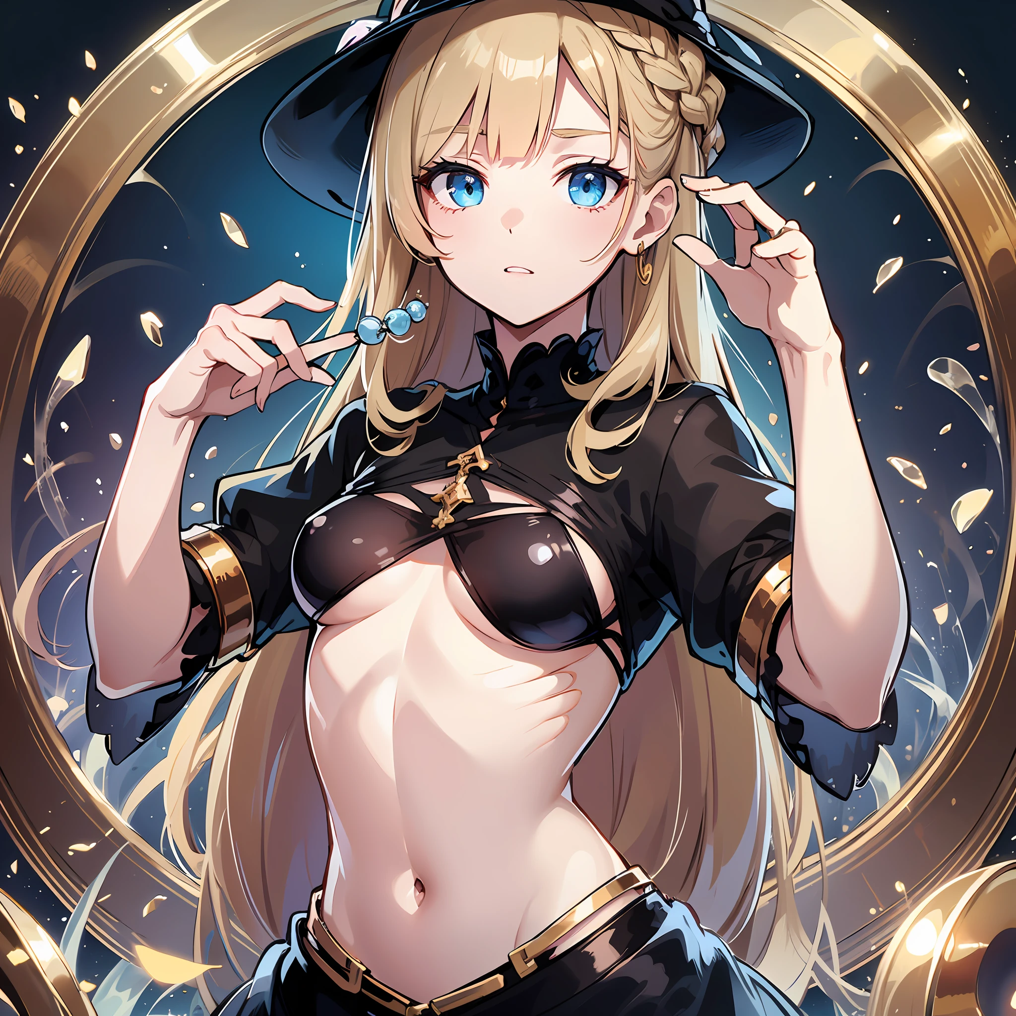 Witch, top quality, one dignified adult beauty, slender eyes, hanging eyes, dango upstyle, elegant, (masterpiece) 8K resolution, beatrice, blonde, braided, bangs are gently arched, blue beautiful eyes, attractive, black dress with red lines with gold edges, the whole body is about 170, the body is small is not very good,