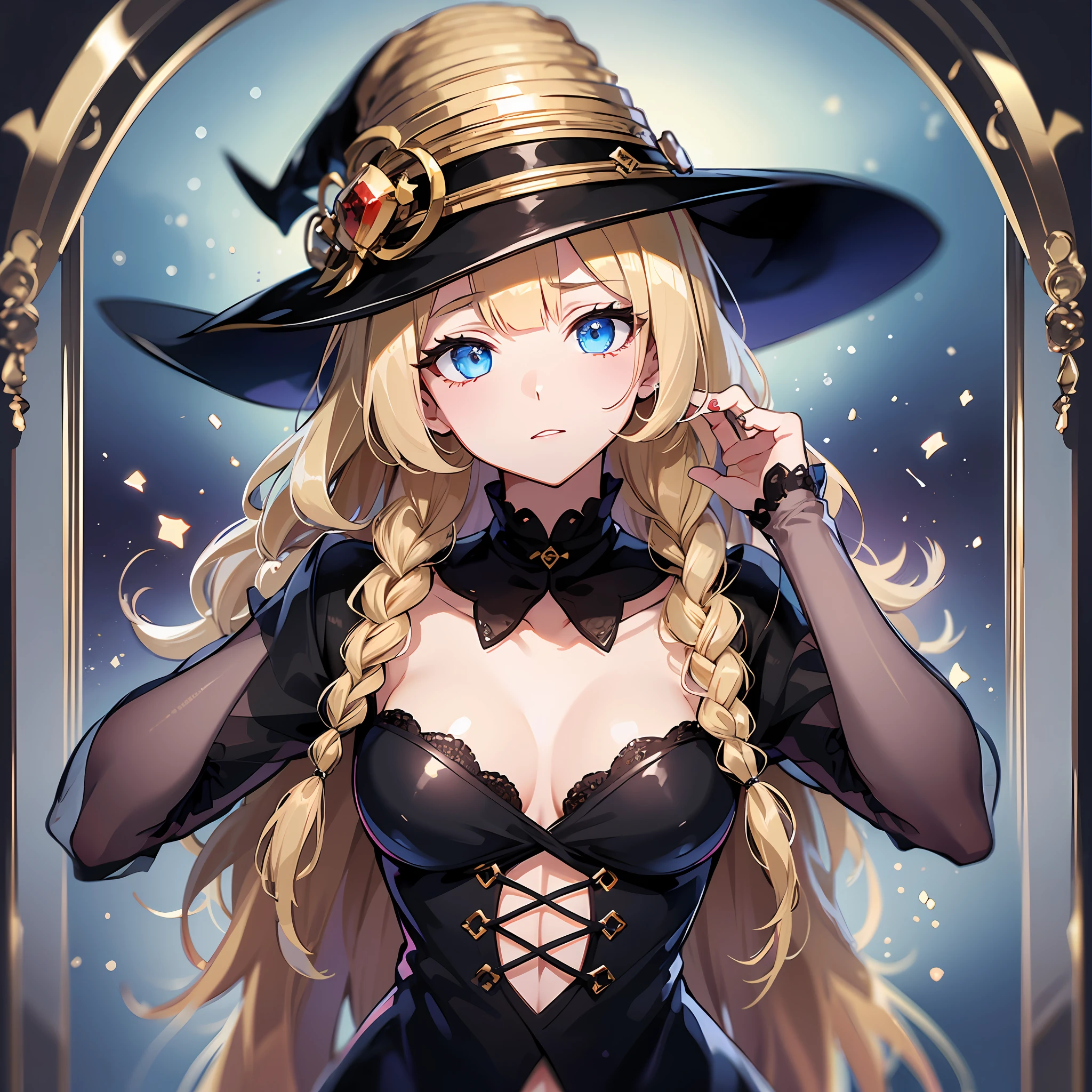 Witch, top quality, one dignified adult beauty, slender eyes, hanging eyes, dango upstyle, elegant, (masterpiece) 8K resolution, beatrice, blonde, braided, bangs are gently arched, blue beautiful eyes, attractive, black dress with red lines with gold edges, the whole body is about 170, the body is small is not very good,
