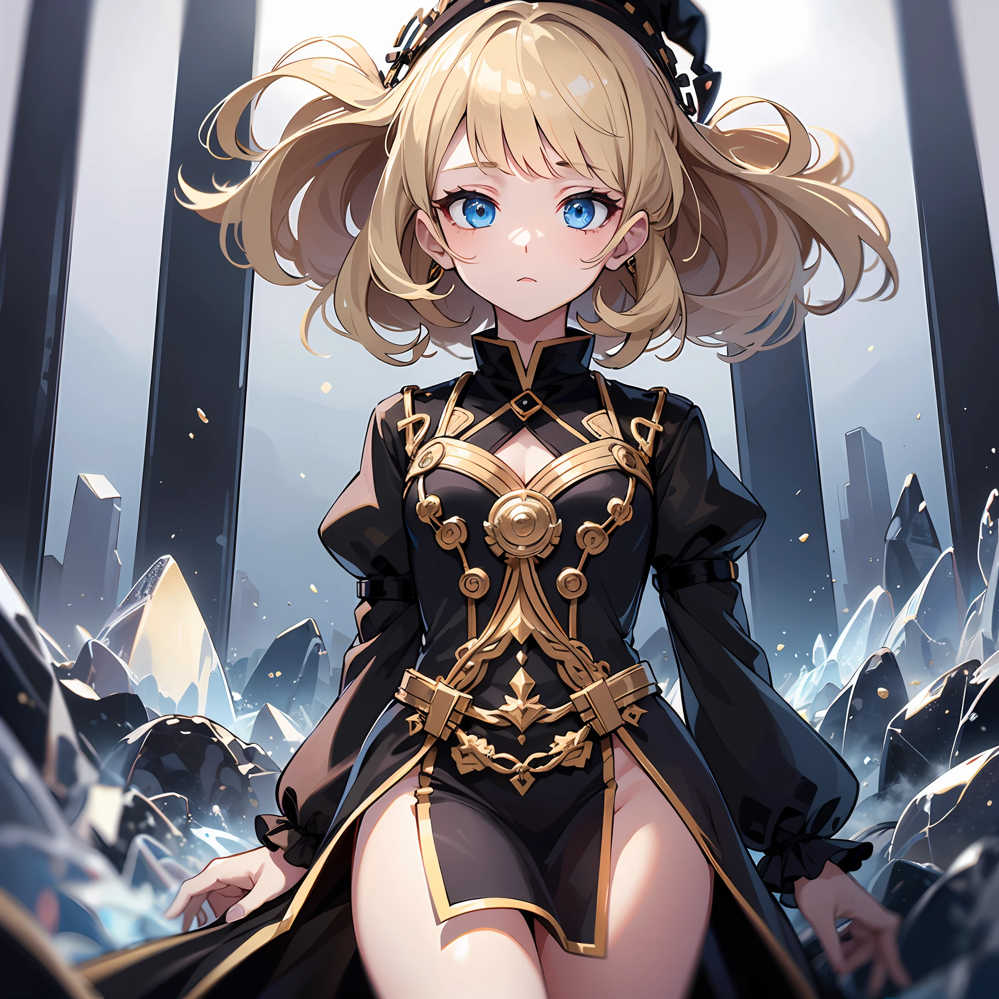 Witch, top quality, one dignified adult woman, slender eyes, hanging eyes, upstyle, elegant, (masterpiece) 8K resolution, beatrice, blonde, braided, bangs are gently arched, blue beautiful eyes, attractive, black dress with red lines with gold edges, the whole body is about 170, the body is small is not very good,