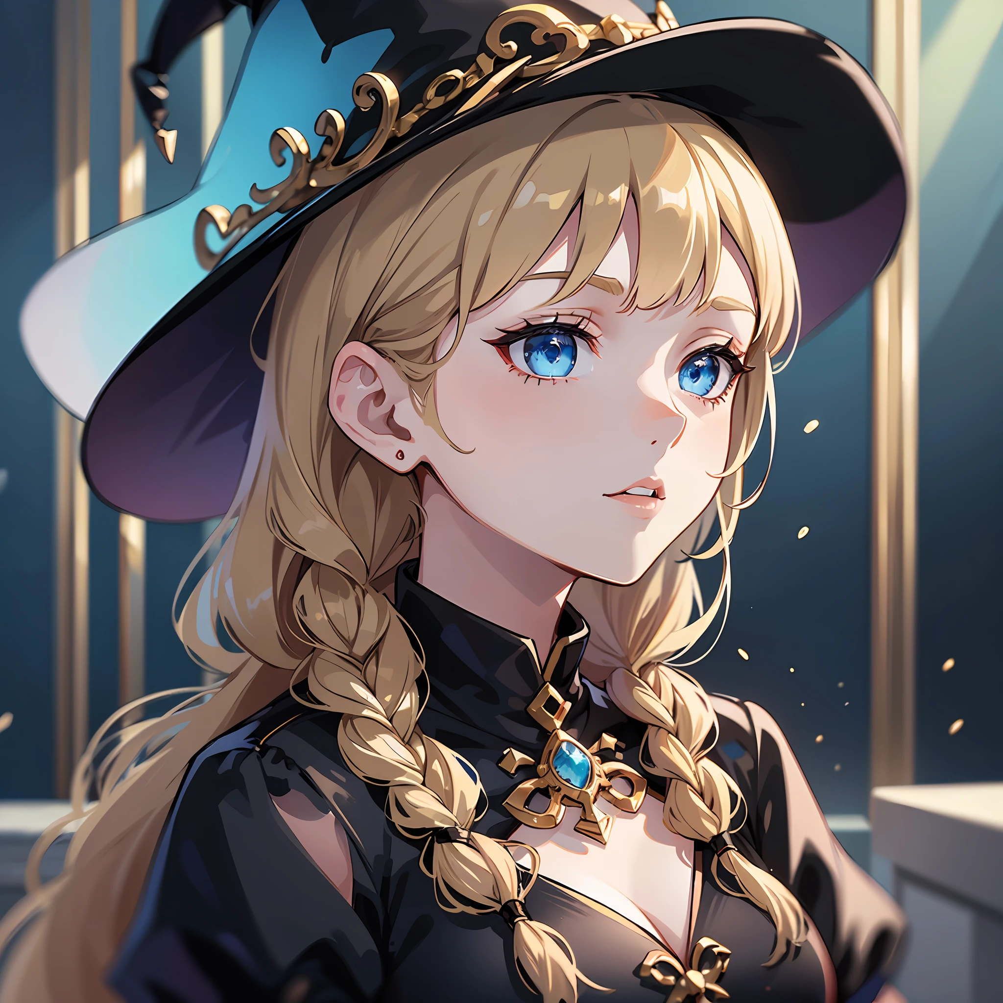 Witch, top quality, one dignified adult woman, slender eyes, hanging eyes, upstyle, elegant, (masterpiece) 8K resolution, beatrice, blonde, braided, bangs are gently arched, blue beautiful eyes, attractive, black dress with red lines with gold edges, the whole body is about 170, the body is small is not very good,