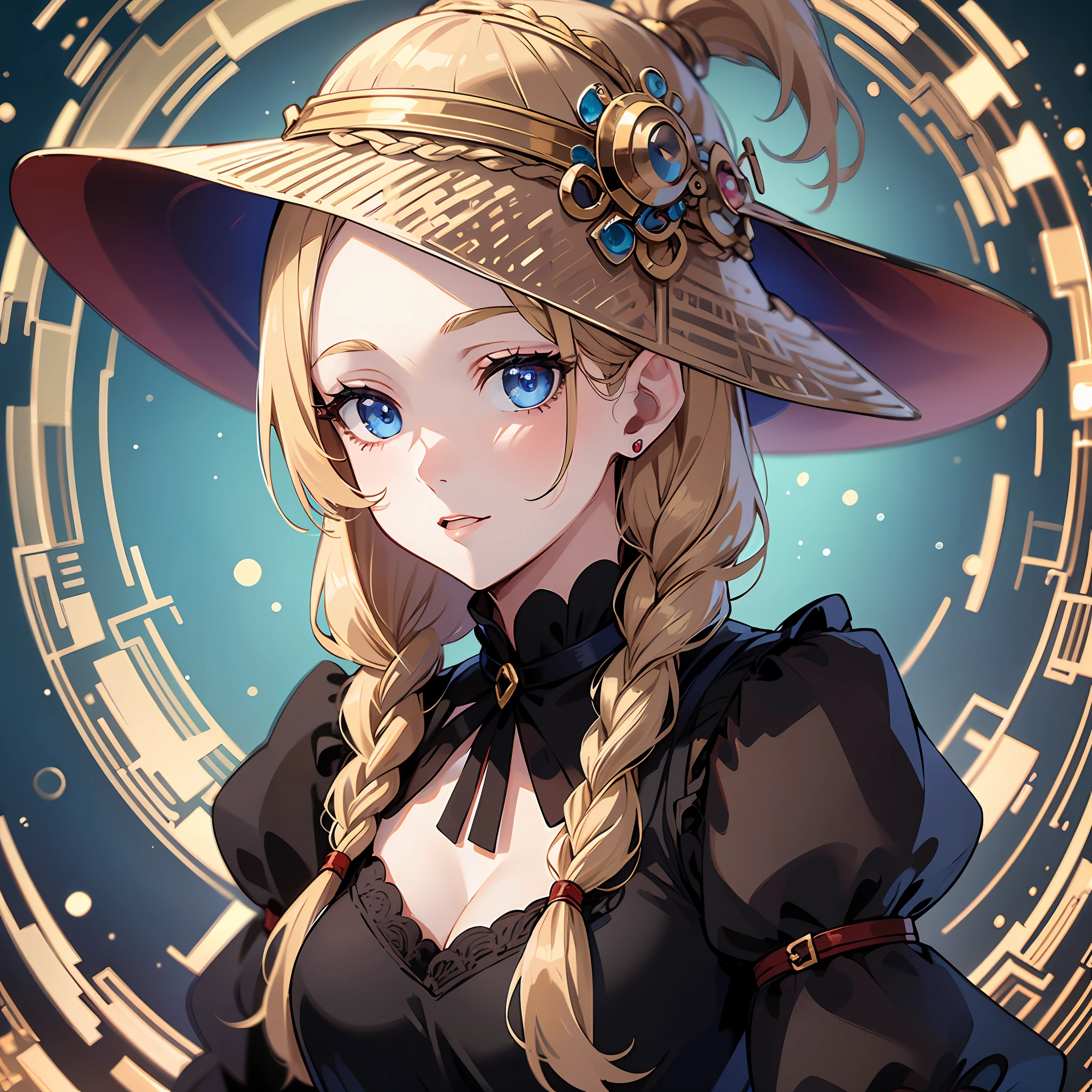 Witch, top quality, one dignified adult woman, slender eyes, hanging eyes, upstyle, elegant, (masterpiece) 8K resolution, beatrice, blonde, braided, bangs are gently arched, blue beautiful eyes, attractive, black dress with red lines with gold edges, the whole body is about 170, the body is small is not very good,