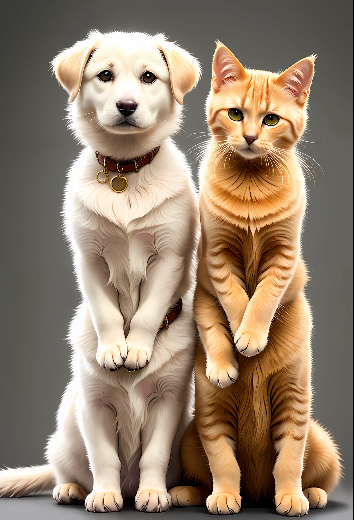 A white pom dog with a golden shaded cat
