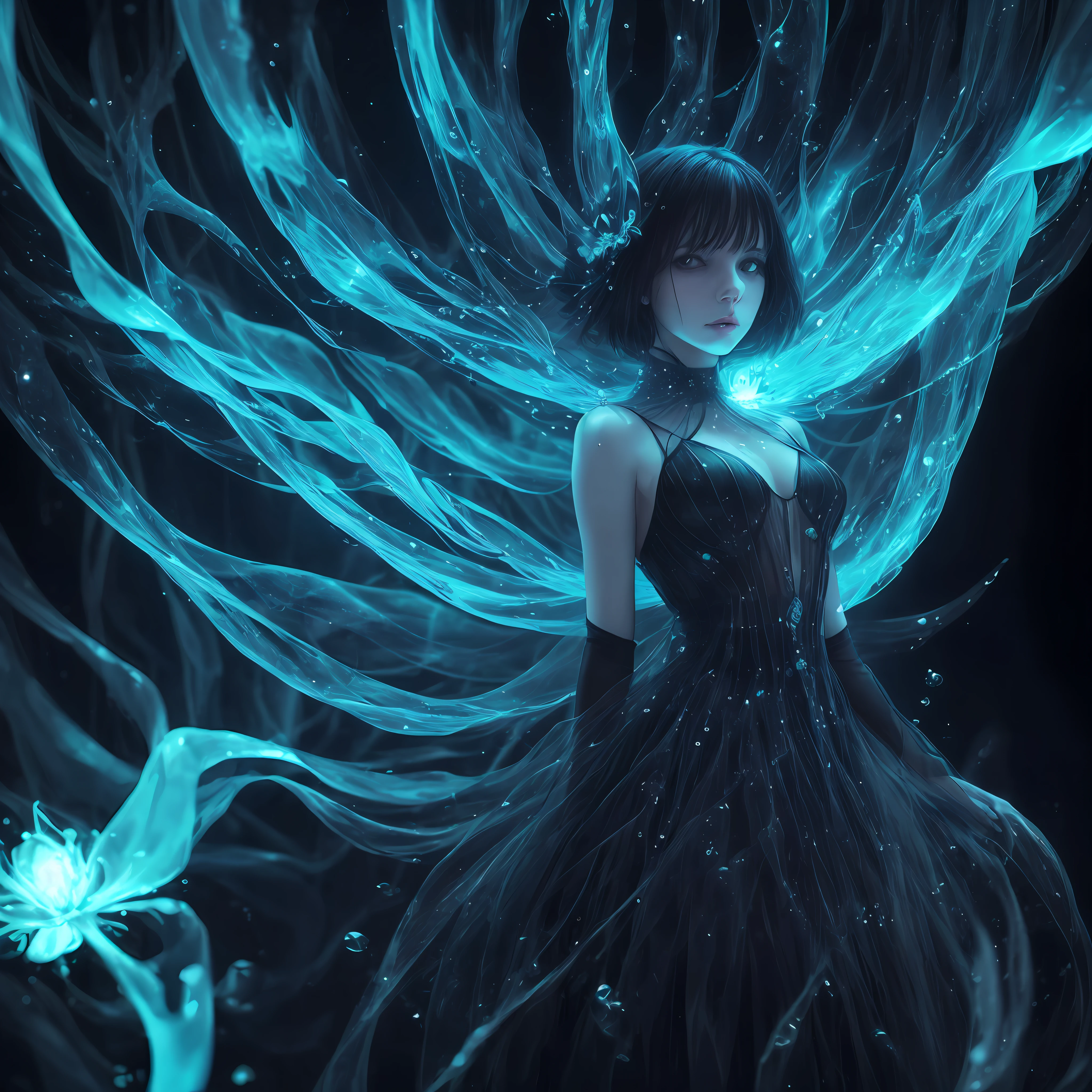 Horror photography, nightmarish woman, wearing a transparent slime flower, psychedelic, synapses, connections,ethereal, lovecraft, hr giger, joy, lunarcore, abstract, details, sci-fi, splash --auto