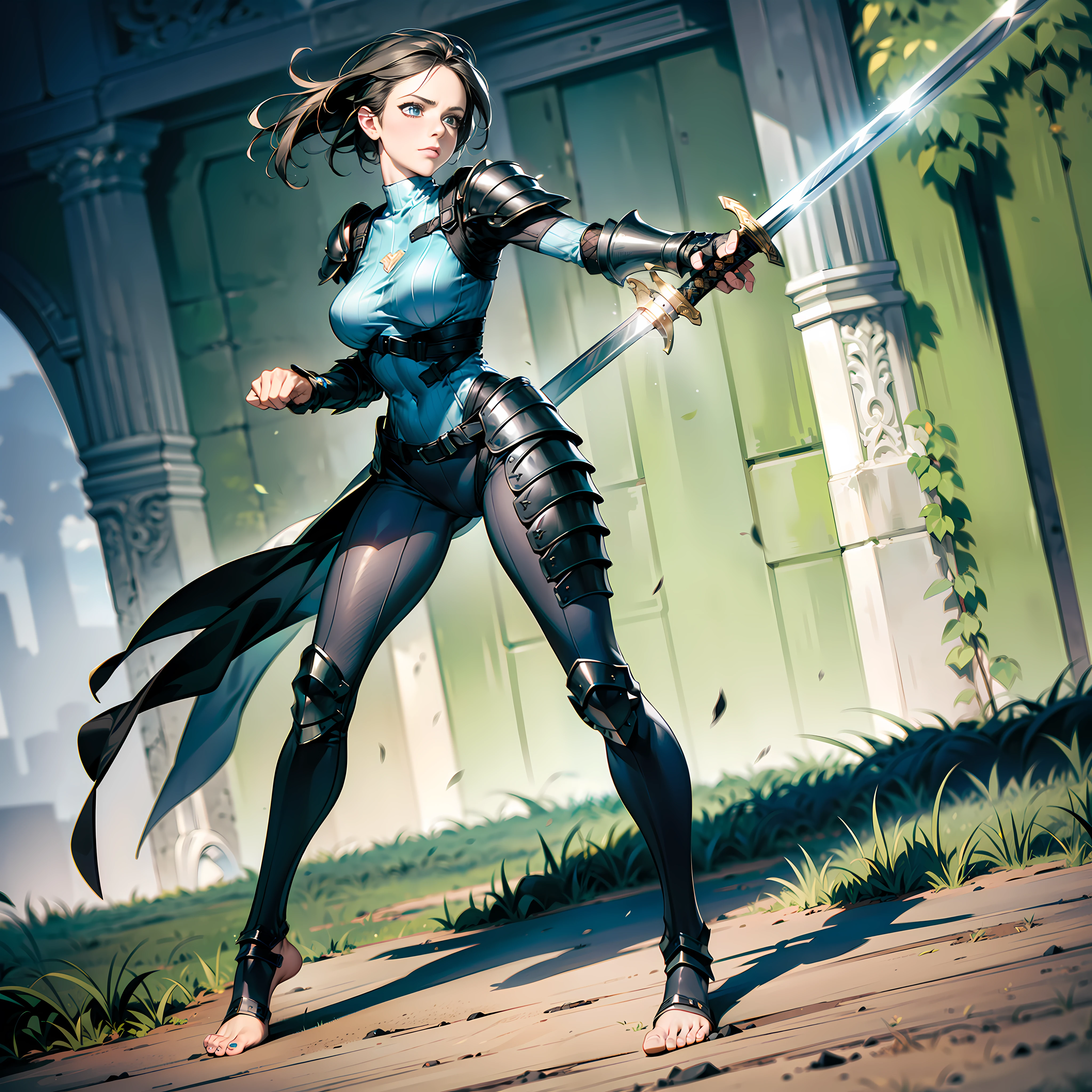 (Jill Valentine), (Realistic), 4K, High Quality, High Detail, ((Perfect Mediable Armor)), (Black Black Color Armor), (Perfect Detailed Face), ((Embarrassed Expression)), (Blue Perfect Eyes), (Black Short Hair), (Detailed Hands), (Wielding a Sword), (Holding the Sword Dynamically and Attack Position), ((Pale Pele)), ((Perfect Anatomy)), (Full Body), (Dynamic Posture), (Strong Appearance), Barefoot, (Perfect feet), ((Place is a green plain of detailed field.)), (Anatomically Correct Detailed).