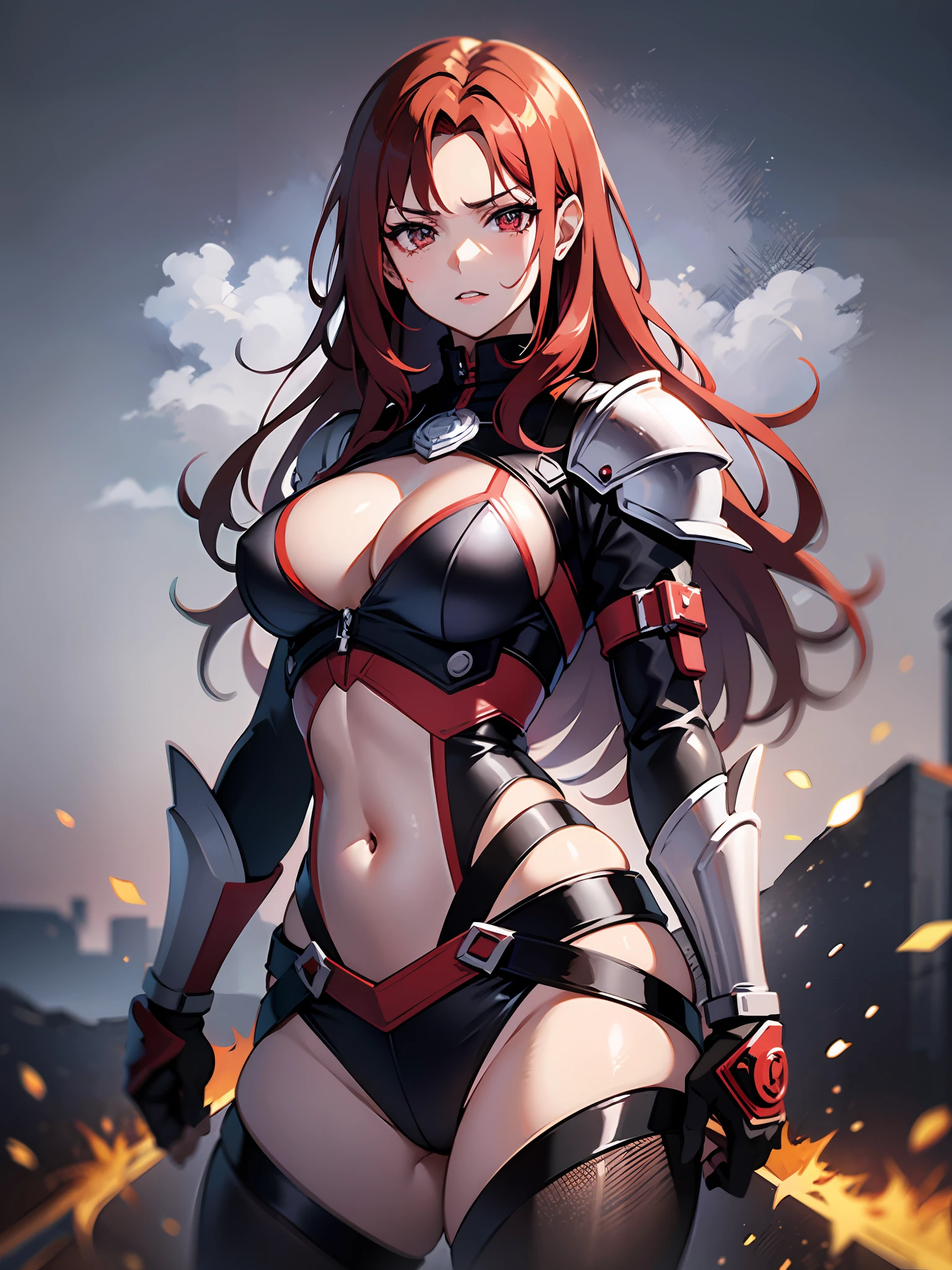 Knight woman, best quality, masterpiece, red hair, cool, aggressive posture, battlefield fog,