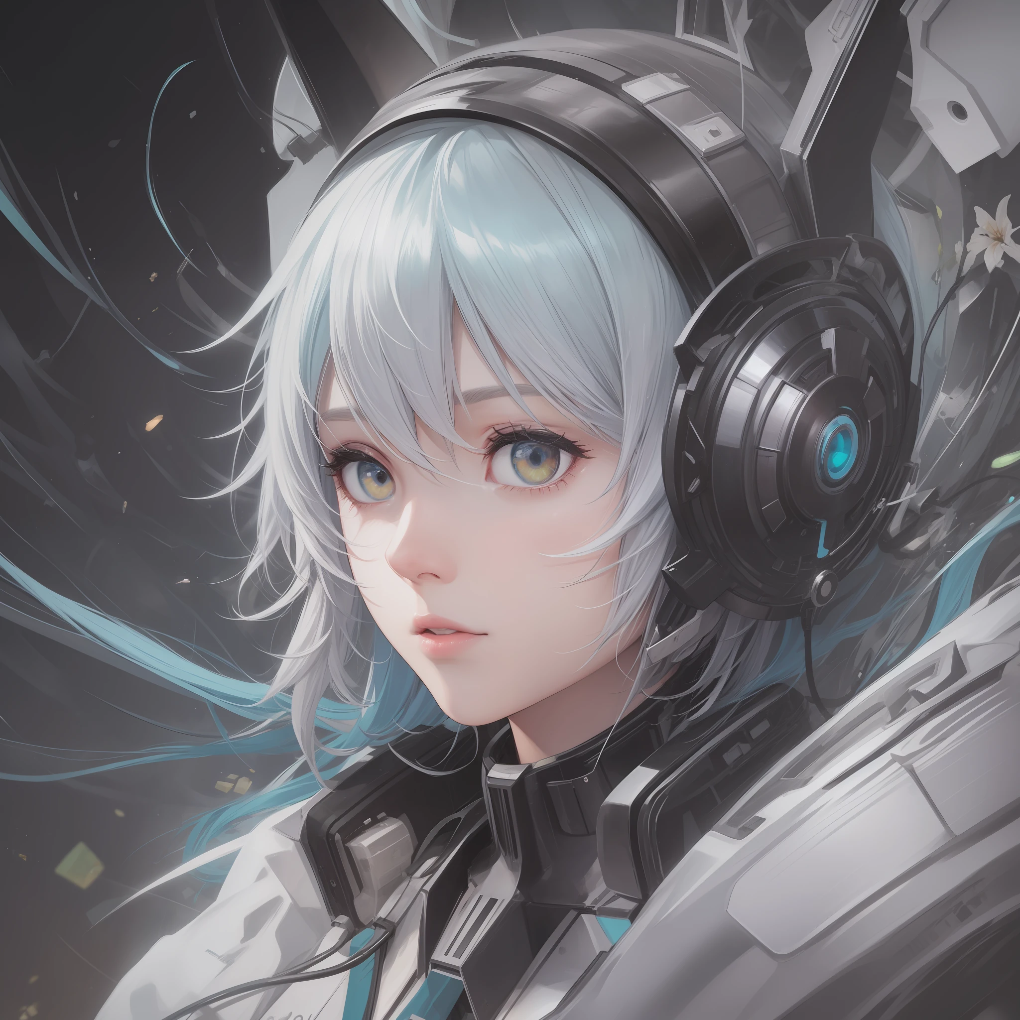 White-haired Hatsune Miku, riding a cyborg horse, mecha, cables, wiring, oil, ((hyper detail)) (real: 1.5), (raw photo: 1.4), (photorealistic: 1.3), (masterpiece), highest quality, highest quality, highly detailed CG Unity 8k wallpaper, detailed and complex, original, miracle witch, turbulent space, flowers, high resolution, :( detailed face: 1.2) : 0.2], film grain, (high detail skin: 0.9), 8k, detailed gradient background