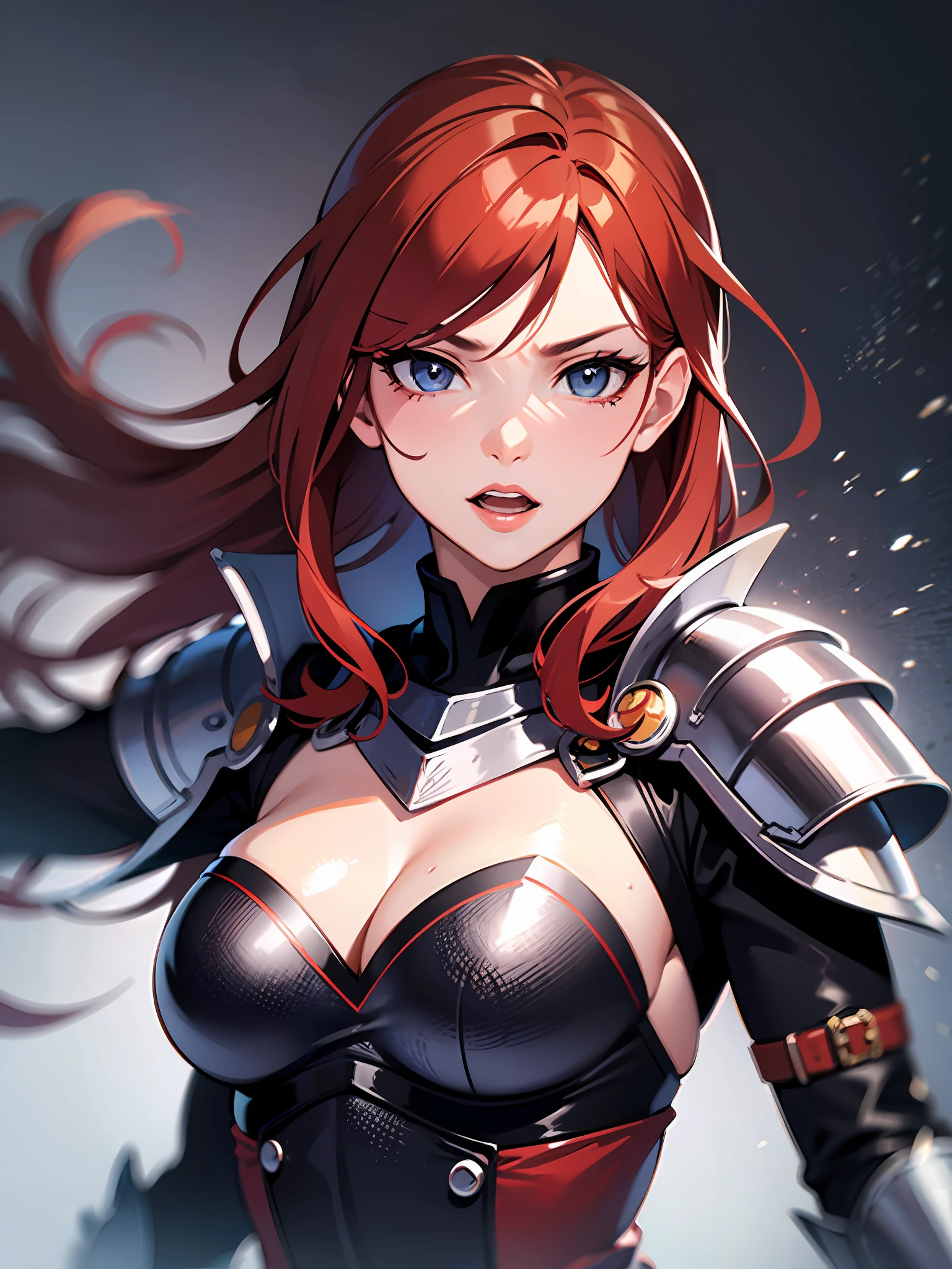 Knight woman, best quality, masterpiece, red hair, cool, aggressive posture, battlefield fog,