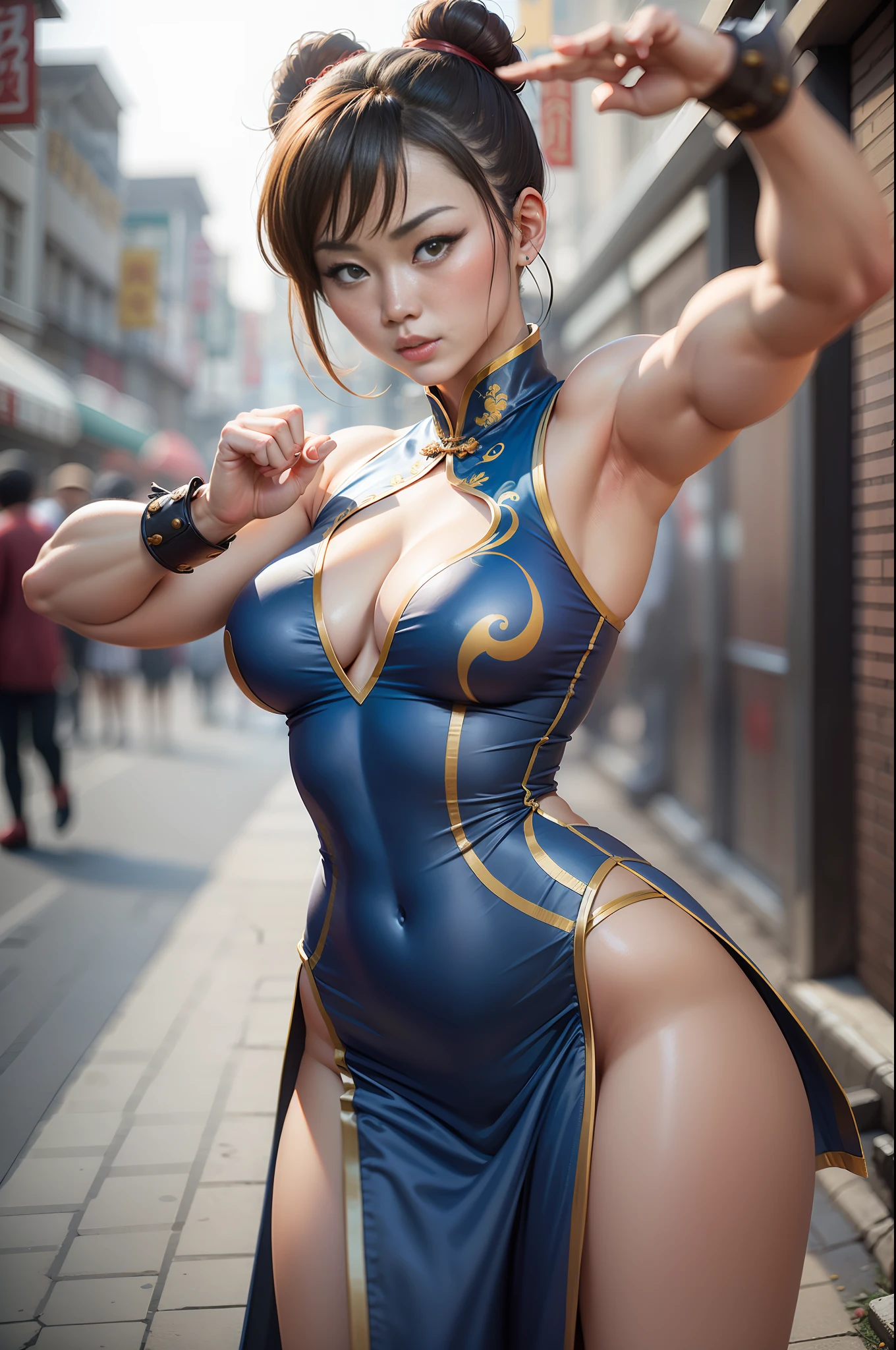 Chun Li in a kung fu pose, wearing traditional Chinese costumes, on the streets of Changai