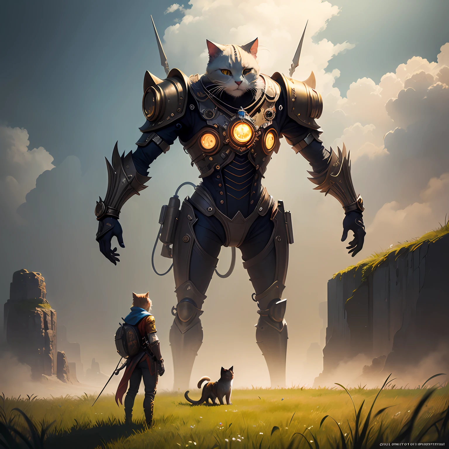 FULLBODY、Steampunk illustration of cute anthropomorphic cat costume very detailed art station DeviantArt concept art digital painting award winning fantasy scene fantasy composition fantasy、grass field、stand upright --auto