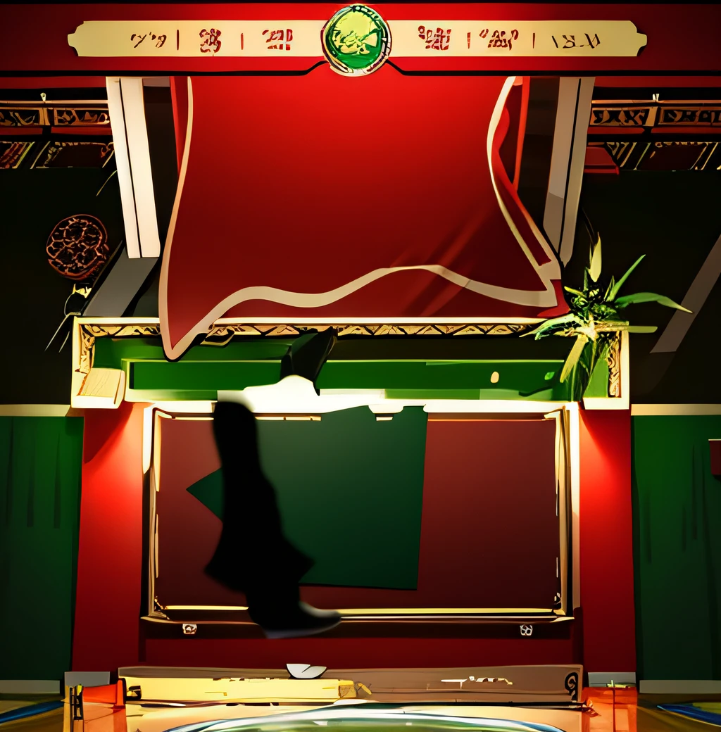 there is a picture of a red and green building with a clock, game overlay, ballroom background, red and green color scheme, volley court background, dance hall background, game interface, game screen, background art deco palace, stage background, bright uniform background, personal room background, random background scene, highschool background, palace background, backside of scenography elements