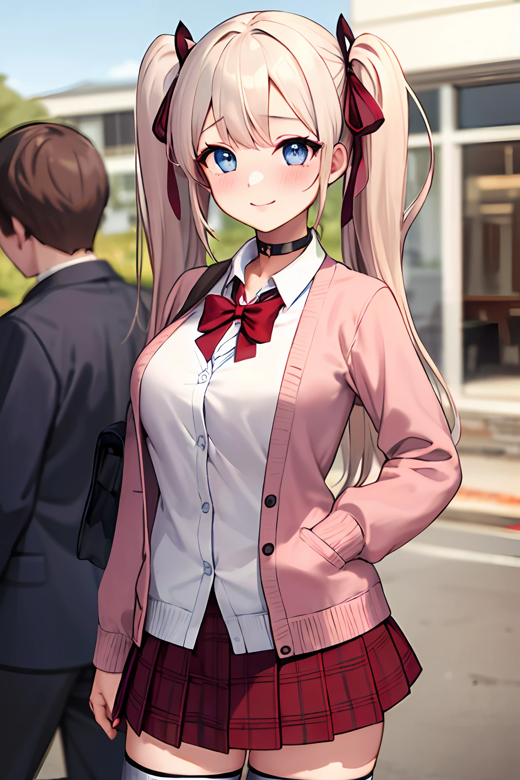 1girl, solo focus, young women, skin imperfection, light white skin, perfect face, puffy face, beautiful face, puffy eyes, blue eyes, big eyes, perfect eyes, eyelashes, long platinum blonde hair, bangs, makeup, blush, blush nose, glitter makeup on eyes, detailed anime soft face, pink clothes, highres, twintails, hair ribbon, long sleeves, red bow, pink cardigan, white thighhighs, plaid skirt, red ribbon, black choker, school uniform, open shirt, outdoors, cowboy shot, standing, smile, hands behind back