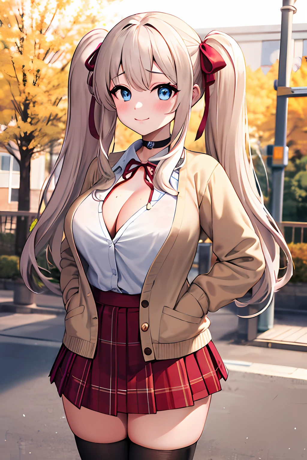 1girl, solo focus, young women, skin imperfection, light white skin, perfect face, puffy face, beautiful face, puffy eyes, blue eyes, big eyes, perfect eyes, eyelashes, long platinum blonde hair, bangs, makeup, blush, blush nose, glitter makeup on eyes, detailed anime soft face, pink clothes, highres, twintails, hair ribbon, long sleeves, red bow, pink cardigan, white thighhighs, plaid skirt, red ribbon, black choker, school uniform, open shirt, cleavage, outdoors, cowboy shot, standing, smile, hands behind back