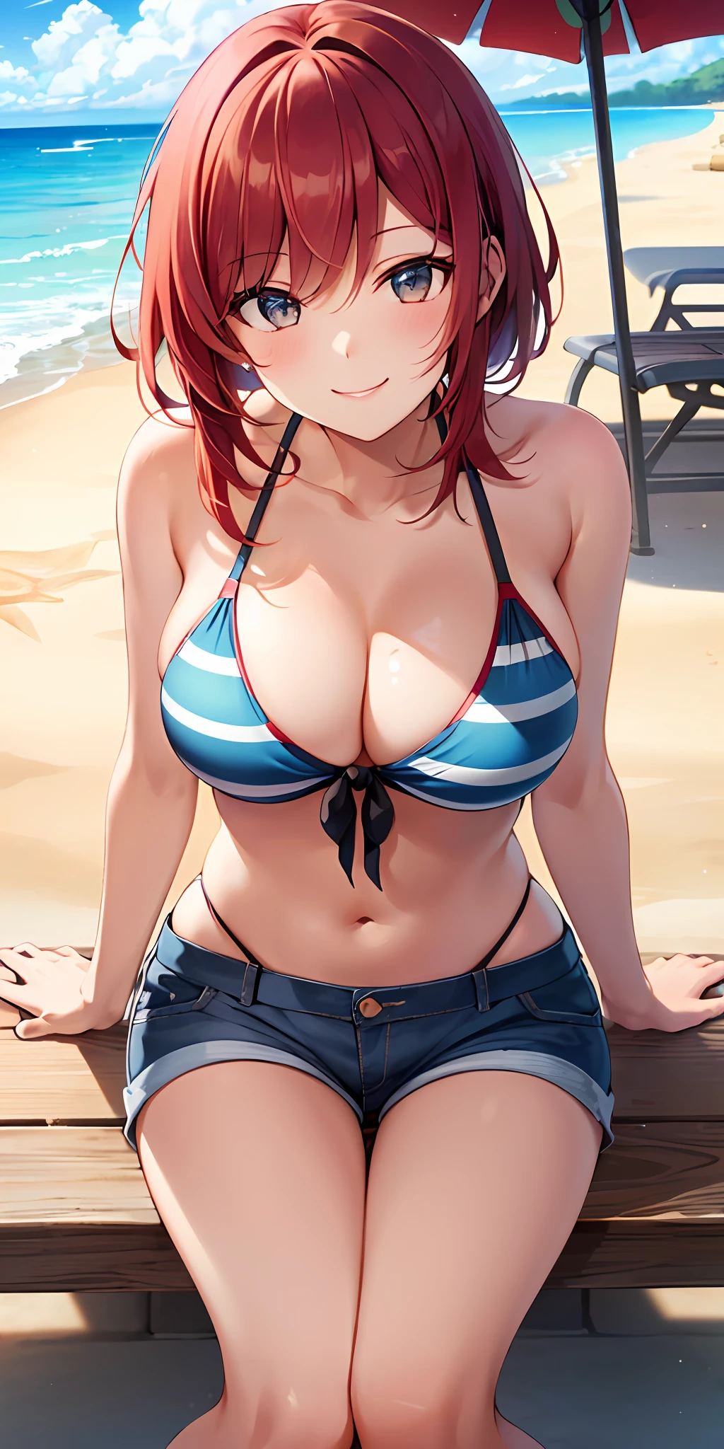 (Best quality:1.3), red hair, large breasts, smiling, bikini, jean shorts, beach, sitting, (pov)