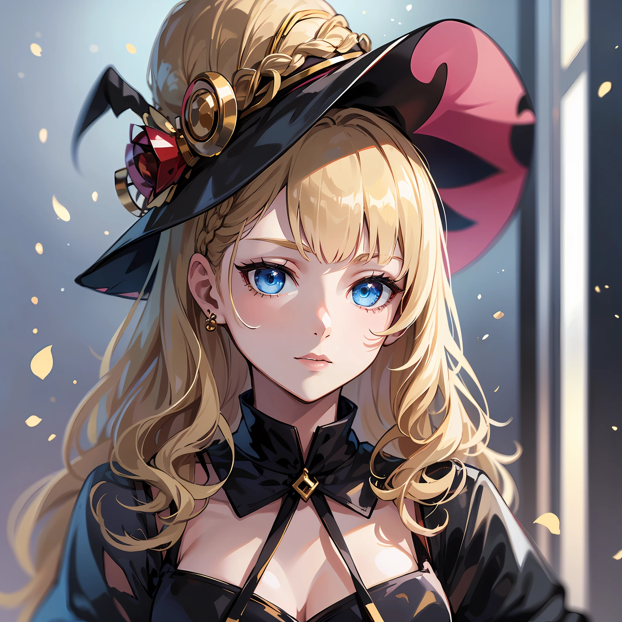 Witch, top quality, one dignified adult woman, hanging eyes, classy, (masterpiece) 8K resolution, beatrice, blonde, braided, upstyle, bangs are gently arched, blue beautiful eyes, face without makeup, warm and attractive, black dress with gold-rimmed red lines, the whole body is about 170, the body is small is not very good