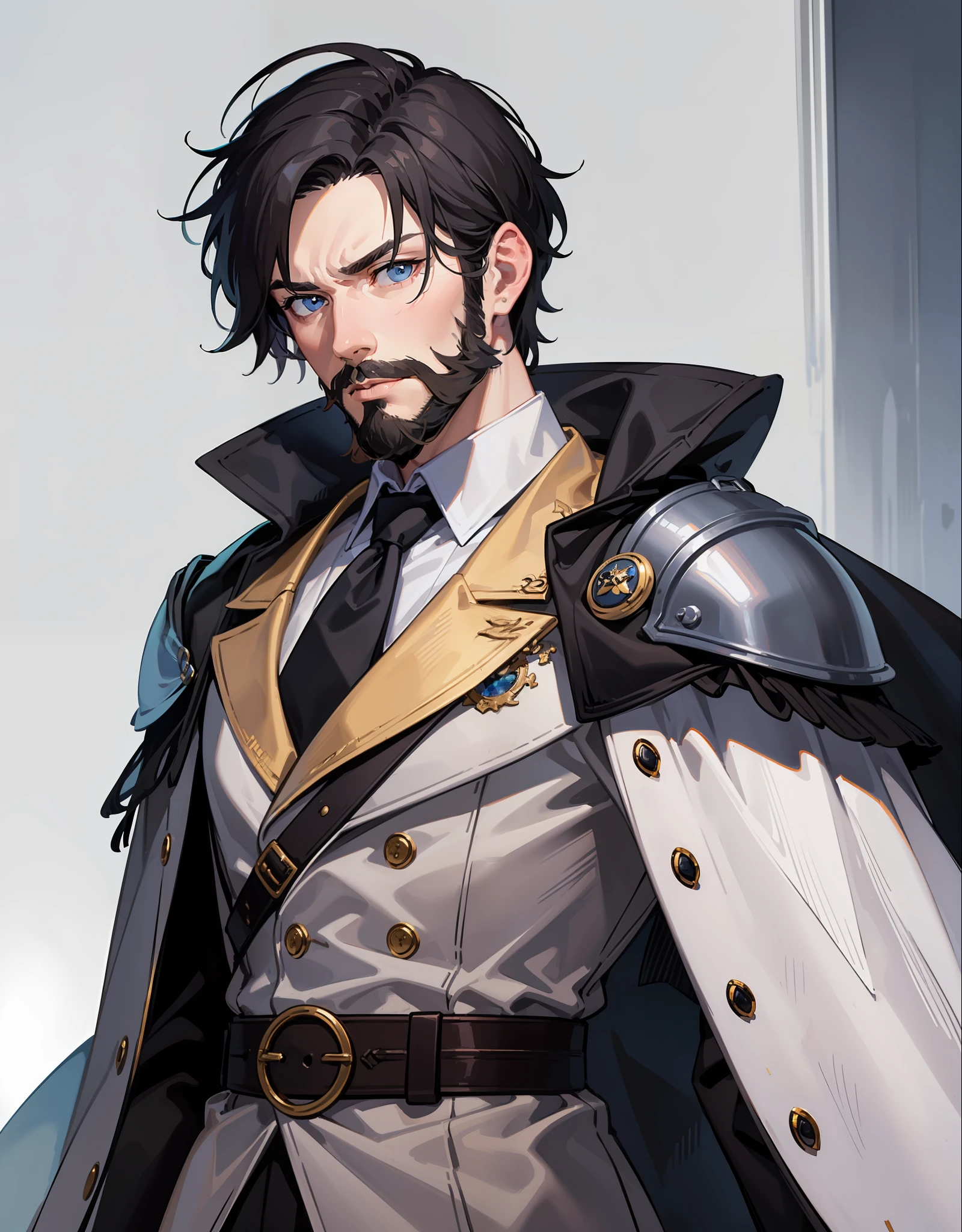 ((best quality, Masterpiece)) 1 man, old man with a beard, longsleeve noble outfit, cape, aristocrat, army hair cut, black hair, pale blue eyes, pale skin, plain white background, waist up shot, arms down, serious face, detailed face, negative spaces on the side