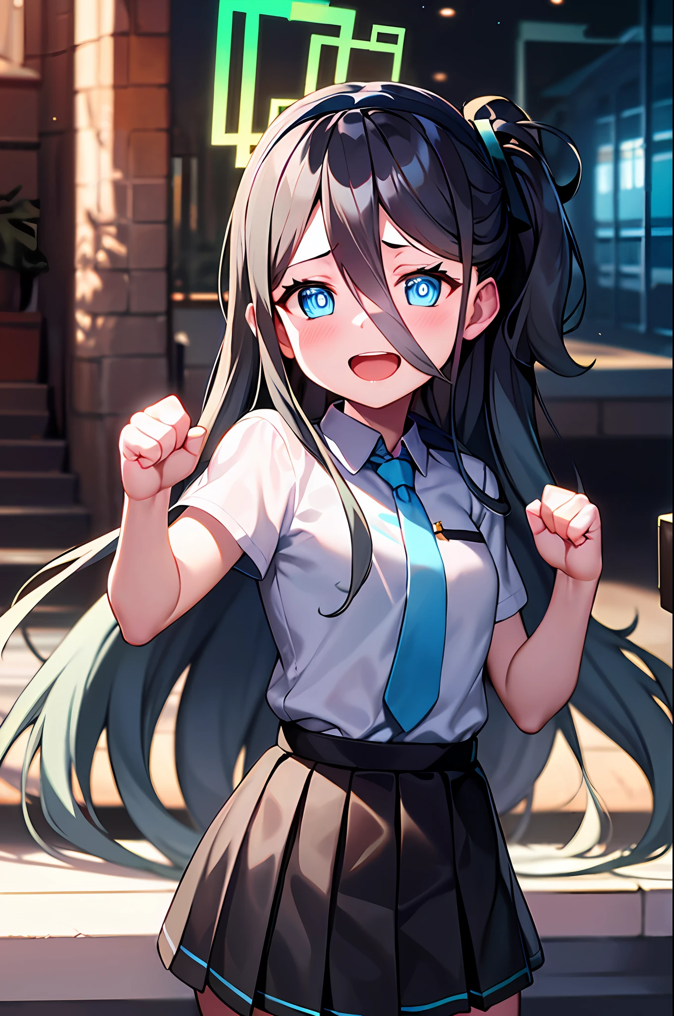 pureerosface_v1:0.66), best quality, ultra high definition, (photorealistic: 1.4), one girl, fine eyes, dark-eyed makeup, slim waist, blush, K-pop idol, (charm: 1.0), fine-eyed makeup, puffy eyes, solo, perfect anatomy, (big), (slender), (black hair: 1), (watch viewers). (original_alice), (light blue tie), (marine blue eyes), (zhuo),(alice_halo:0.7),(blue halo),(smile),(happy),(pigtails),(long hair),(long bangs),(blue archive),(black hair band),(long coat),(school uniform),(white long-sleeved shirt),(pleated skirt),(navy blue skirt), depth of field, facial details, skin luster, beautiful eyes, dark eye makeup, slim waist, blush, fine eye makeup, solo, perfect anatomy.fighting stance.clench your fists.chest. (((Despair Face))).