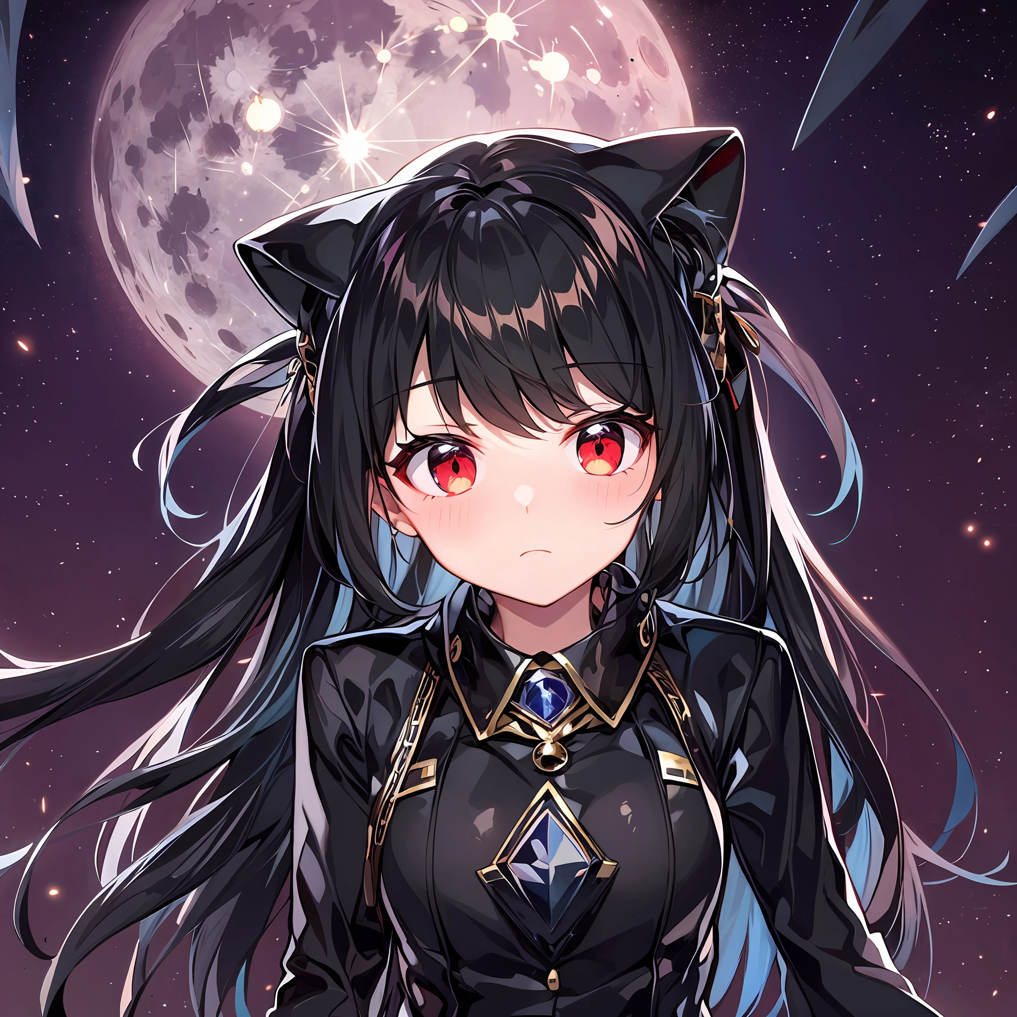 Black hair, big moon, red eyes, space backdrop.