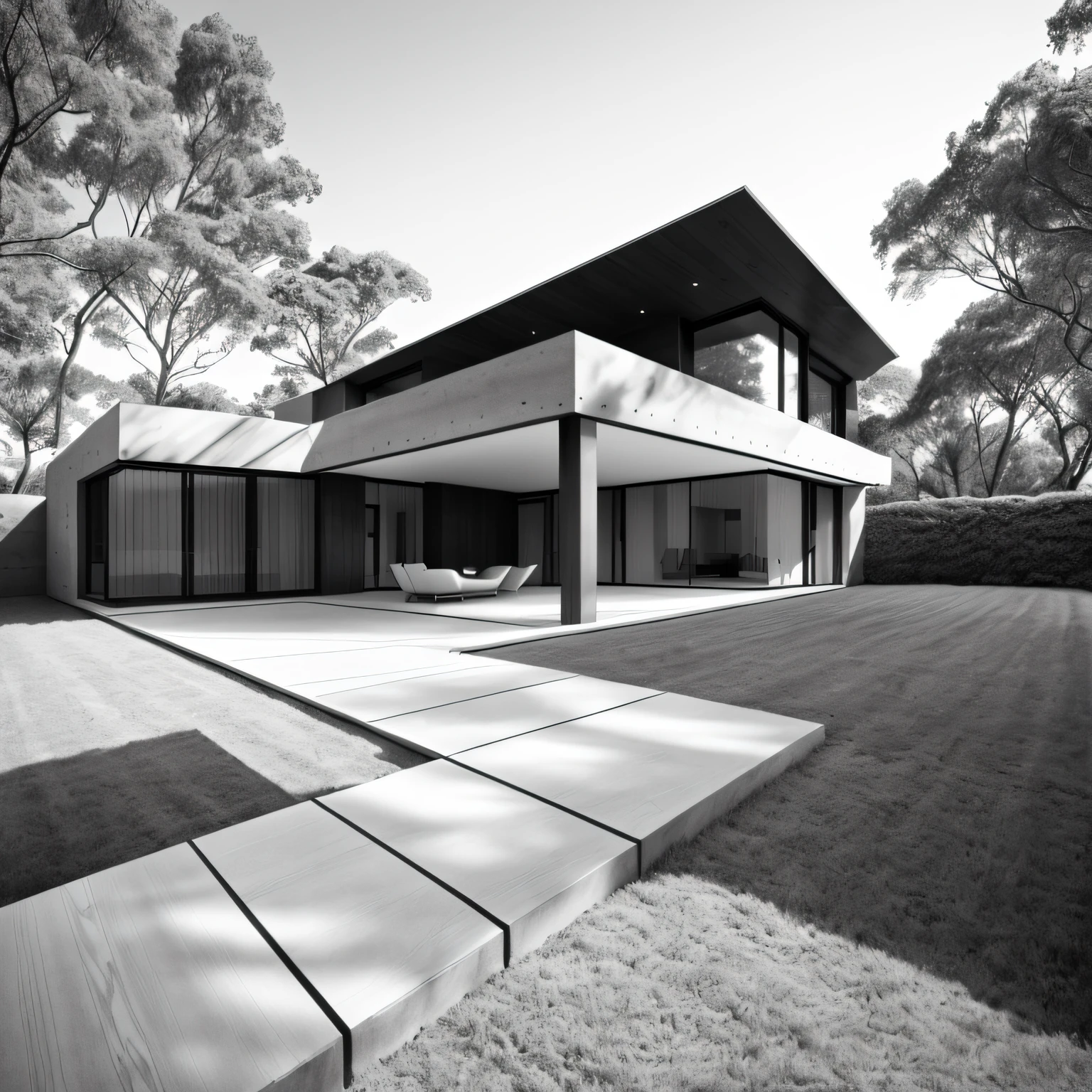 pencil line, handmade drawing, contour lines, black and white, architecture, residence seen from outside, low angle, concrete house, environment with vegetation, black and white, materiality in concrete, stones, wood, house architecture, good architecture, quality image, lots of definition --auto