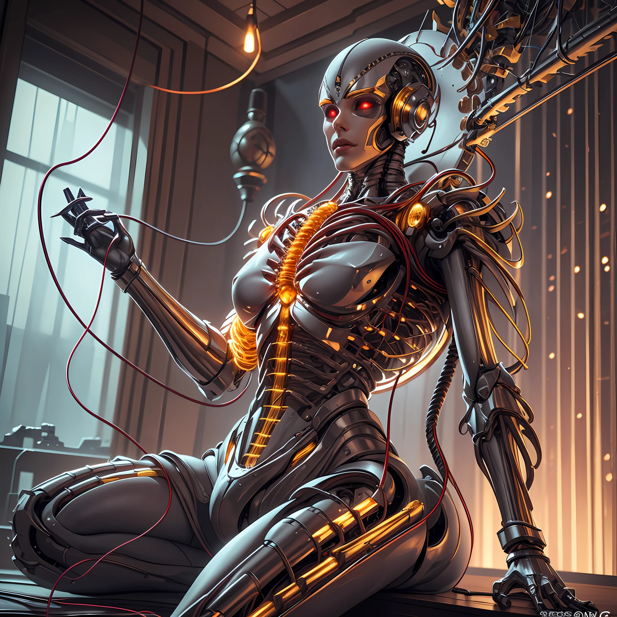 Ultra-sharp, metal, intricate ornament details, very complex details, realistic light, CGSetsoation trend, mechanical limbs, blood vessels connected to tubes, mechanical vertebrae attached to the back, mechanical cervix attached to the neck, sitting, wires and cables connecting to the head --auto