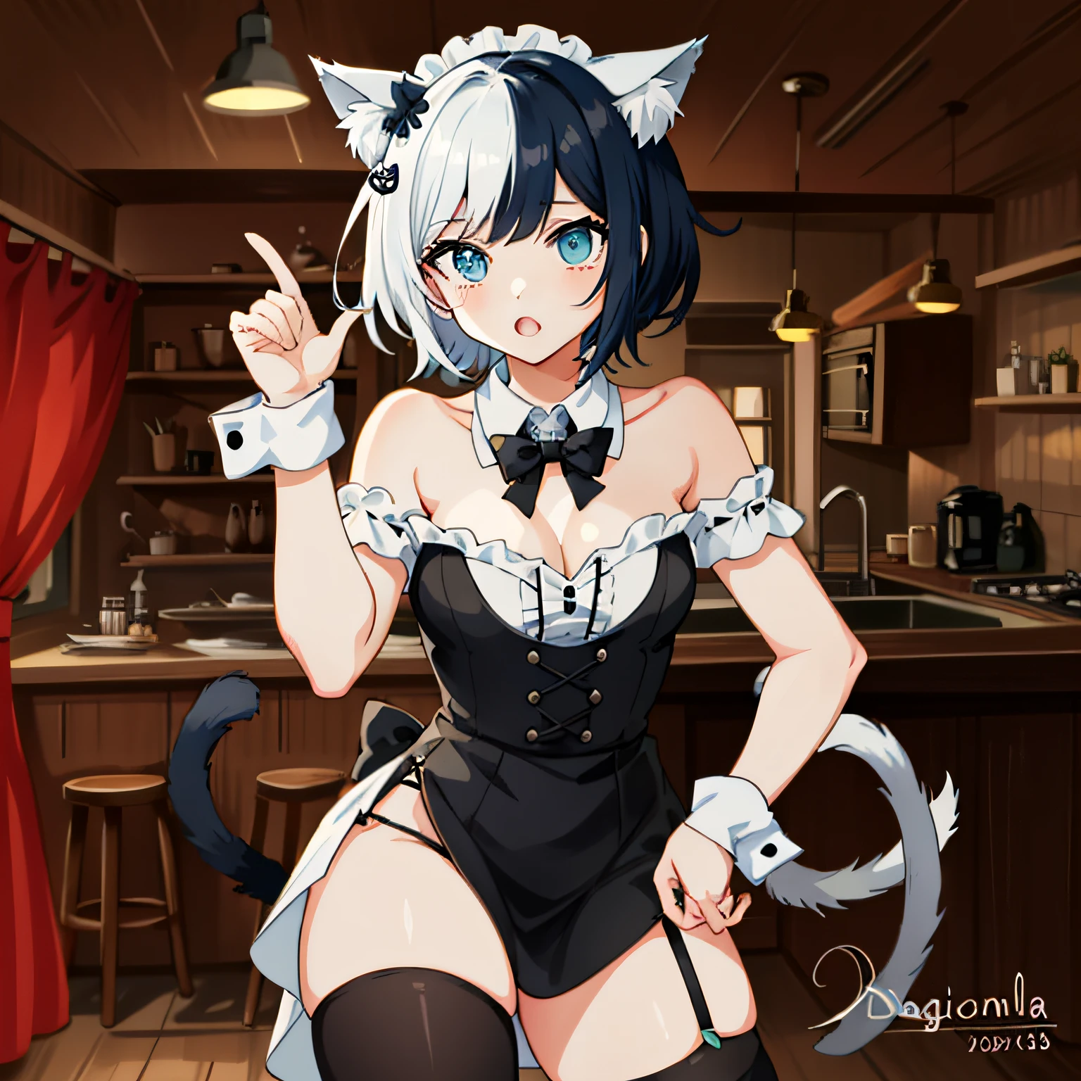 anime character dressed in black and white with a cat ears and tail, anime cat girl in a maid costume, anime catgirl, pov furry art, commission for high res, female furry mini cute style, digital art from danganronpa, [ 4 k digital art ]!!, anime girl with cat ears, female fursona, cute anime catgirl