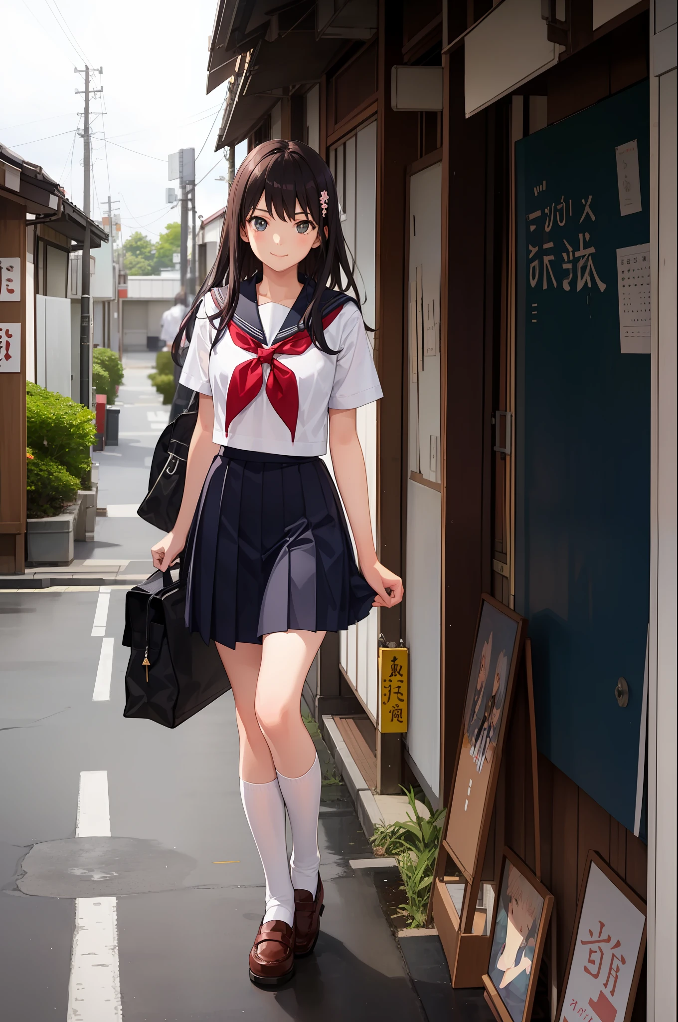 1 girl, smile, shirt, skirt, (small) chiralism, Japan high school school school uniform, serafuku, summer clothes, weather rain, squall, from the knee up,