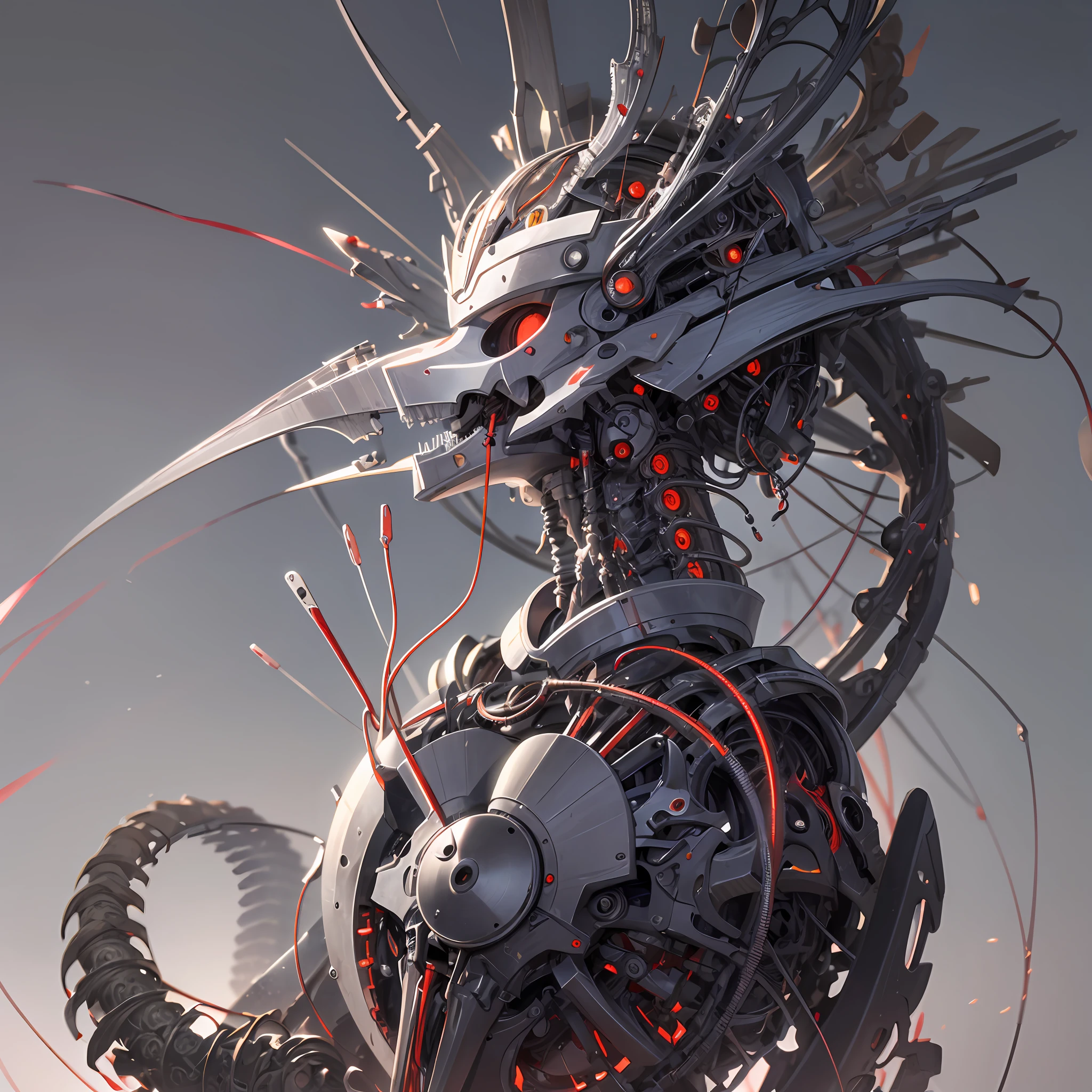Ultra-sharp, metal, intricate ornament details, very complex details, realistic light, CGSetsoation trend, mechanical limbs, blood vessels connected to tubes, mechanical vertebrae attached to the back, mechanical cervix attached to the neck, sitting, wires and cables connecting to the head