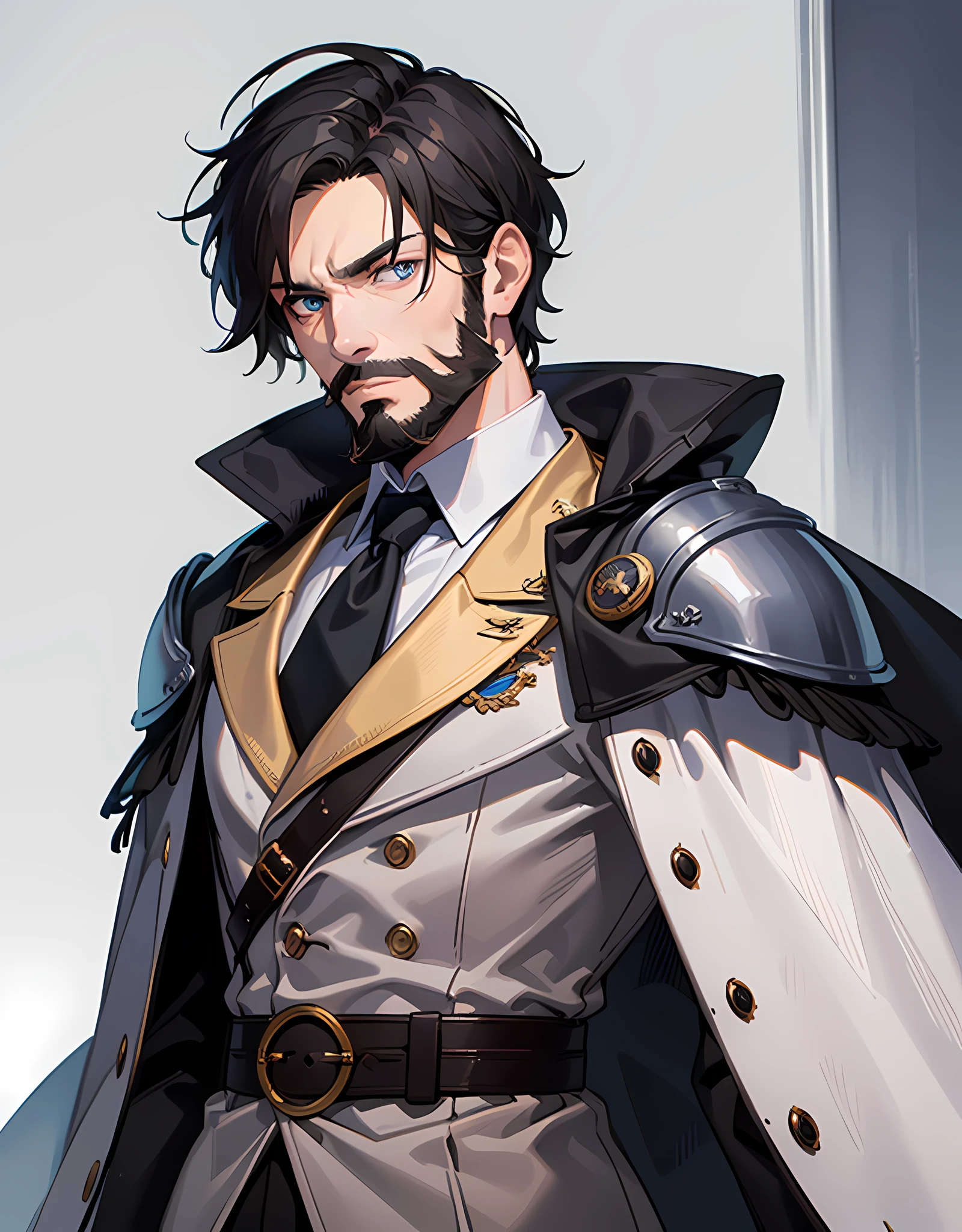 ((best quality, Masterpiece)) 1 man, old man with a beard, longsleeve noble outfit, cape, aristocrat, army hair cut, black hair, pale blue eyes, pale skin, plain white background, waist up shot, arms down, serious face, detailed face, negative spaces on the side