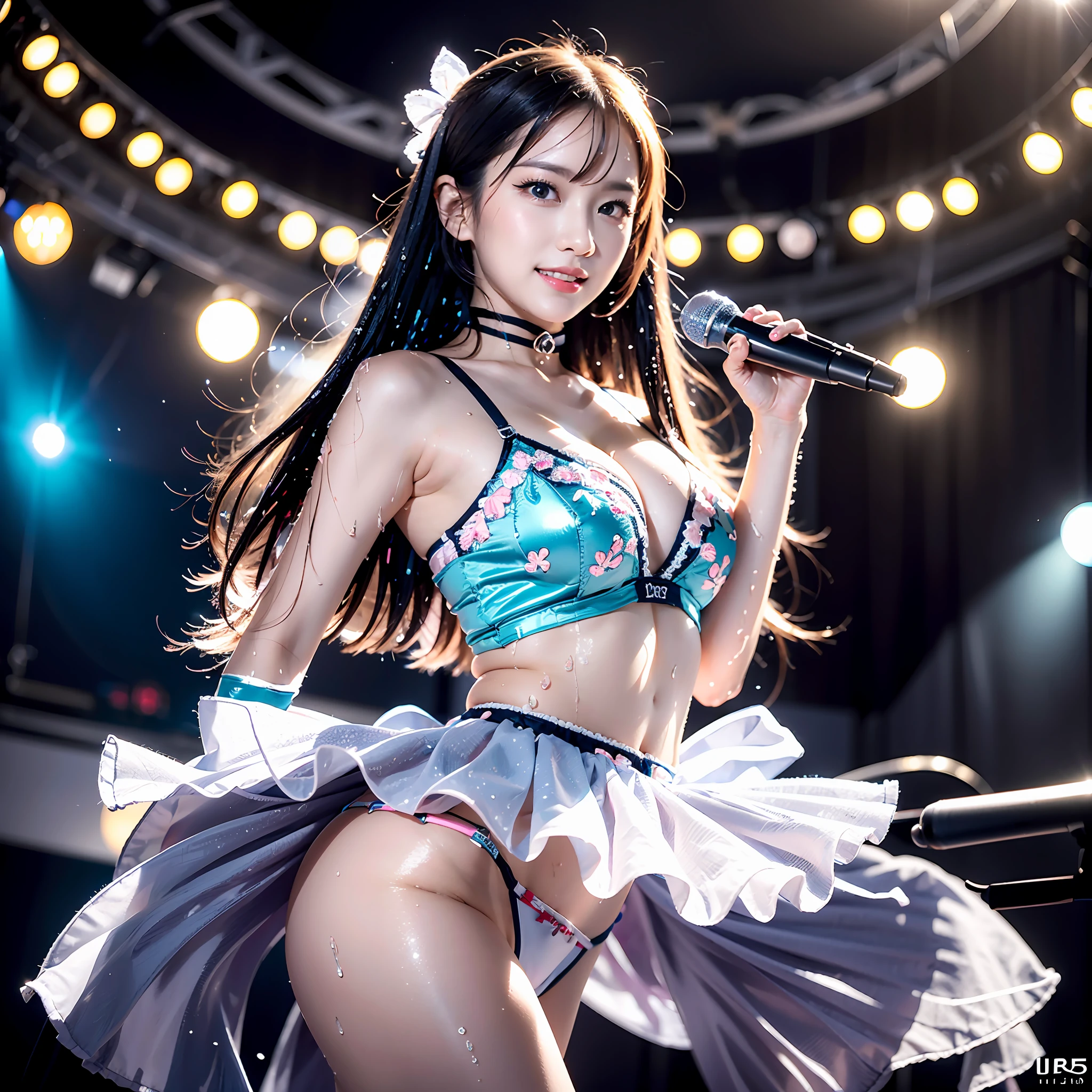 Illustration, cinematic light, high resolution, best quality, ultra detailed, detailed face, (detailed eyes), highest quality, ultra detailed, masterpiece, (detailed face), pretty face, best smile, sexy mature woman transparent (ultra-detailed embroidery and ribbons, idol outfit: 1.5), ruffled miniskirt, cloth, choker, open cloth, NSFW, high heels, blue eyes, neon small shiny hair edges, AI fantasy concert, glowing lighting with neon details, idol, (live stage: 1.15), (holding the microphone in left hand singing: 15), singing with butt sticking out: 5, (to a packed audience in the background), light reflection, heart-shaped iris, playful eyes, open shoulders, (wet body), small glowing butterfly, hair jewelry, panties, cute panties: 1.5