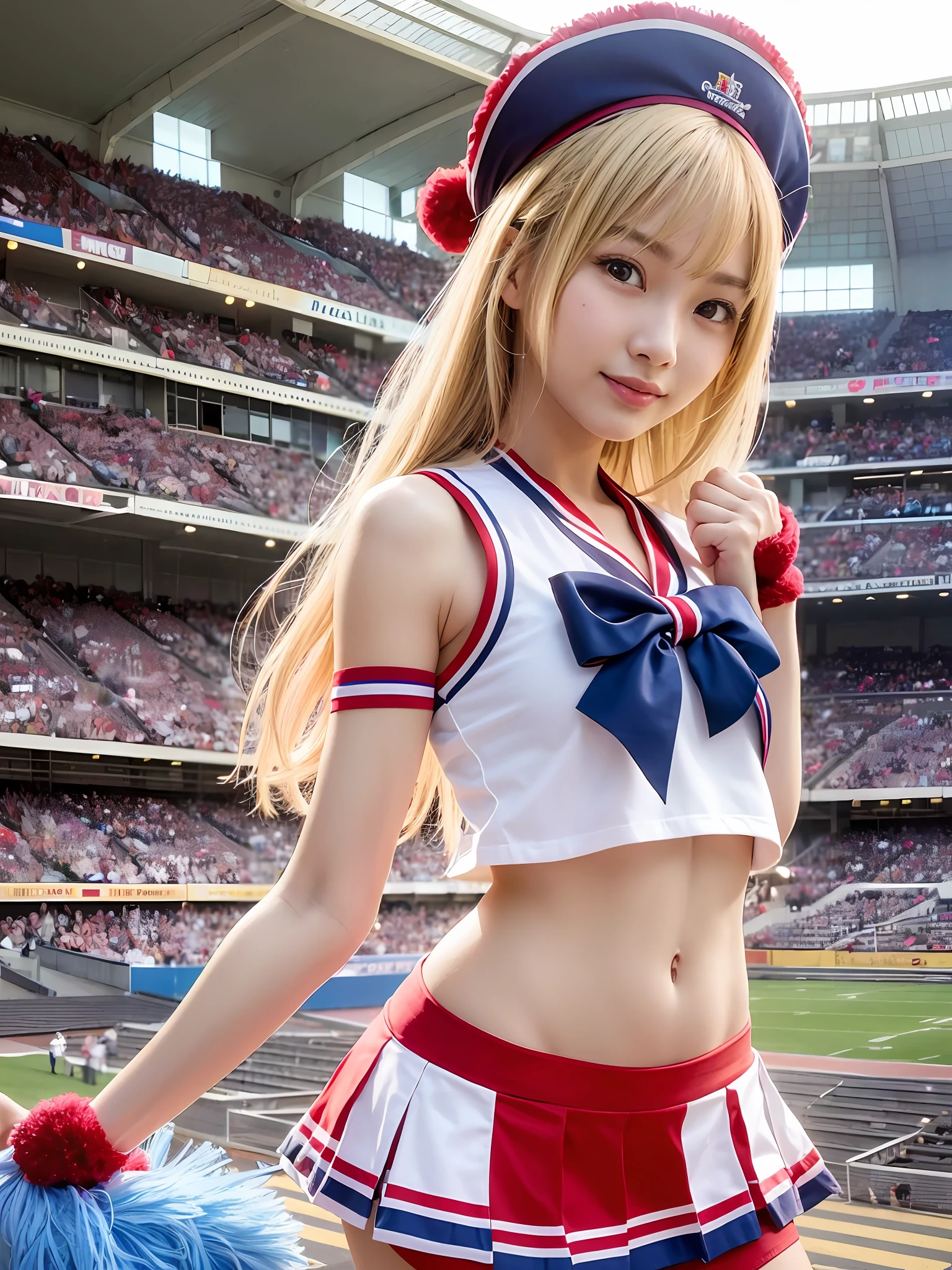 Ala-Fed Asian Cheerleader poses dynamically in stadium with pompom, close up, cosplay photos, anime cosplay, small tits, raw photos, best quality, high resolution, (masterpiece), (realistic:1.4), professional photography, sharp focus, HDR, 8K resolution, intricate detail, depth of field, highly detailed CG Unity 8k wallpaper, headlights, nsfw, woman, girl, beautiful supermodel, smile, slim, little cheer uniform, yellow, mary rose, Sailor suit, big screen scoreboard