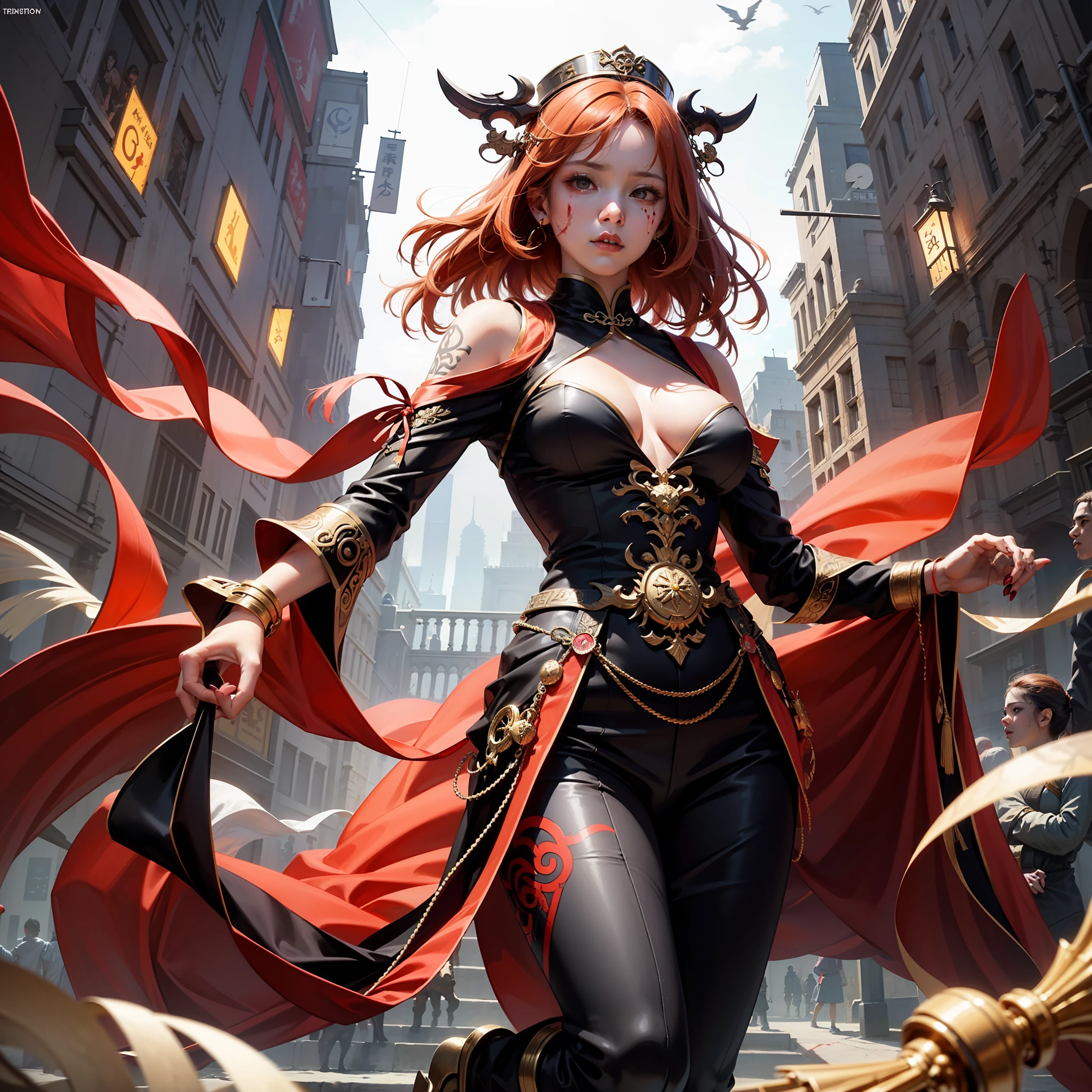 The whole body focus on the legs spoken, an Asian girl, small eyes and nose, serious look, blood on her face, chic and Asian clothing, earthly dragon in the background, red and sharp eyes, extremely cute hair, orange hair, tribal and Celtic tattoos on the body, looking down, point of view from below., large breasts, whole body