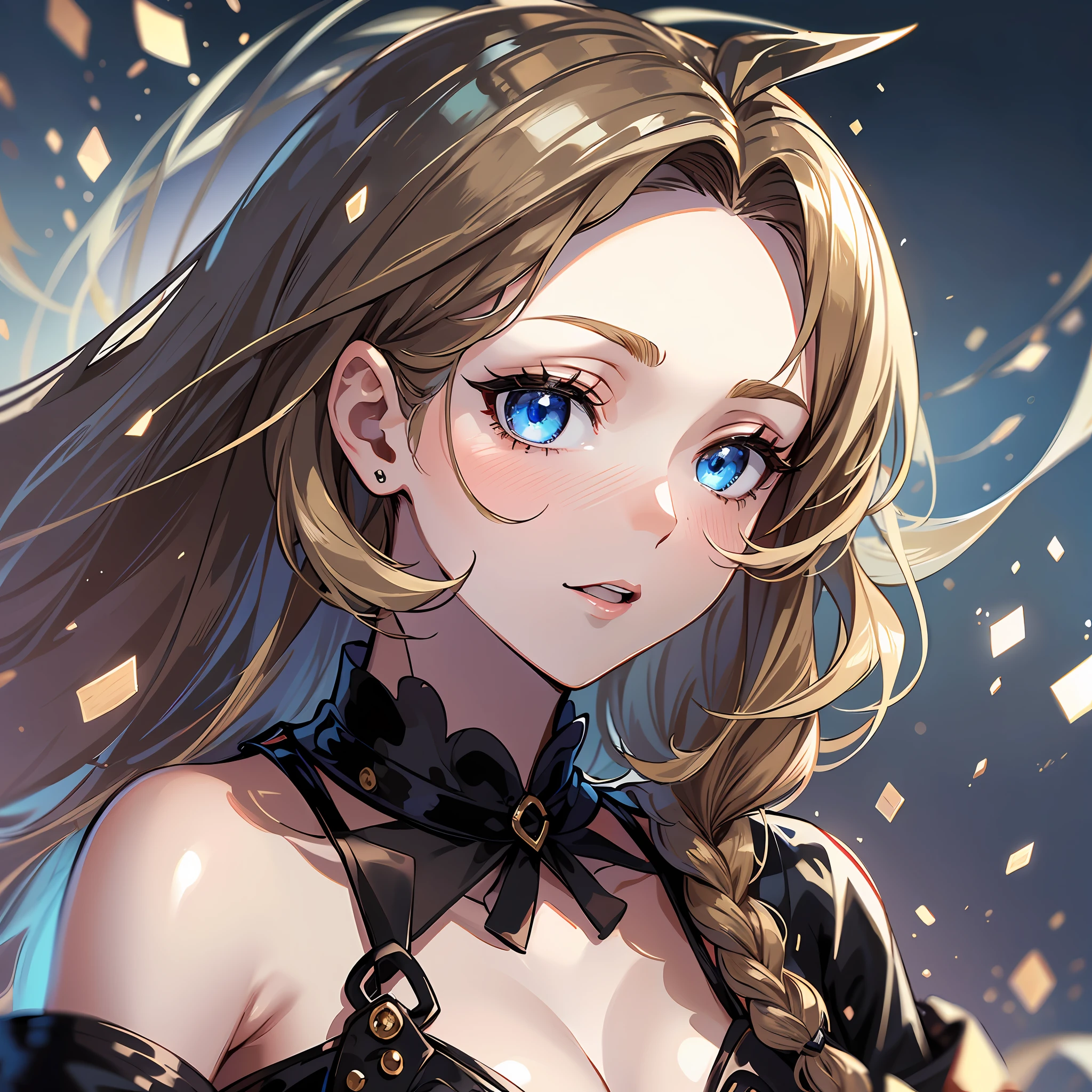 Witch, top quality, one dignified adult woman, hanging eyes, classy, (masterpiece) 8K resolution, beatrice, blonde, braided, upstyle, bangs are gently arched, blue beautiful eyes, face without makeup, warm and attractive, black dress with gold-rimmed red lines, the whole body is about 170, the body is small is not very good