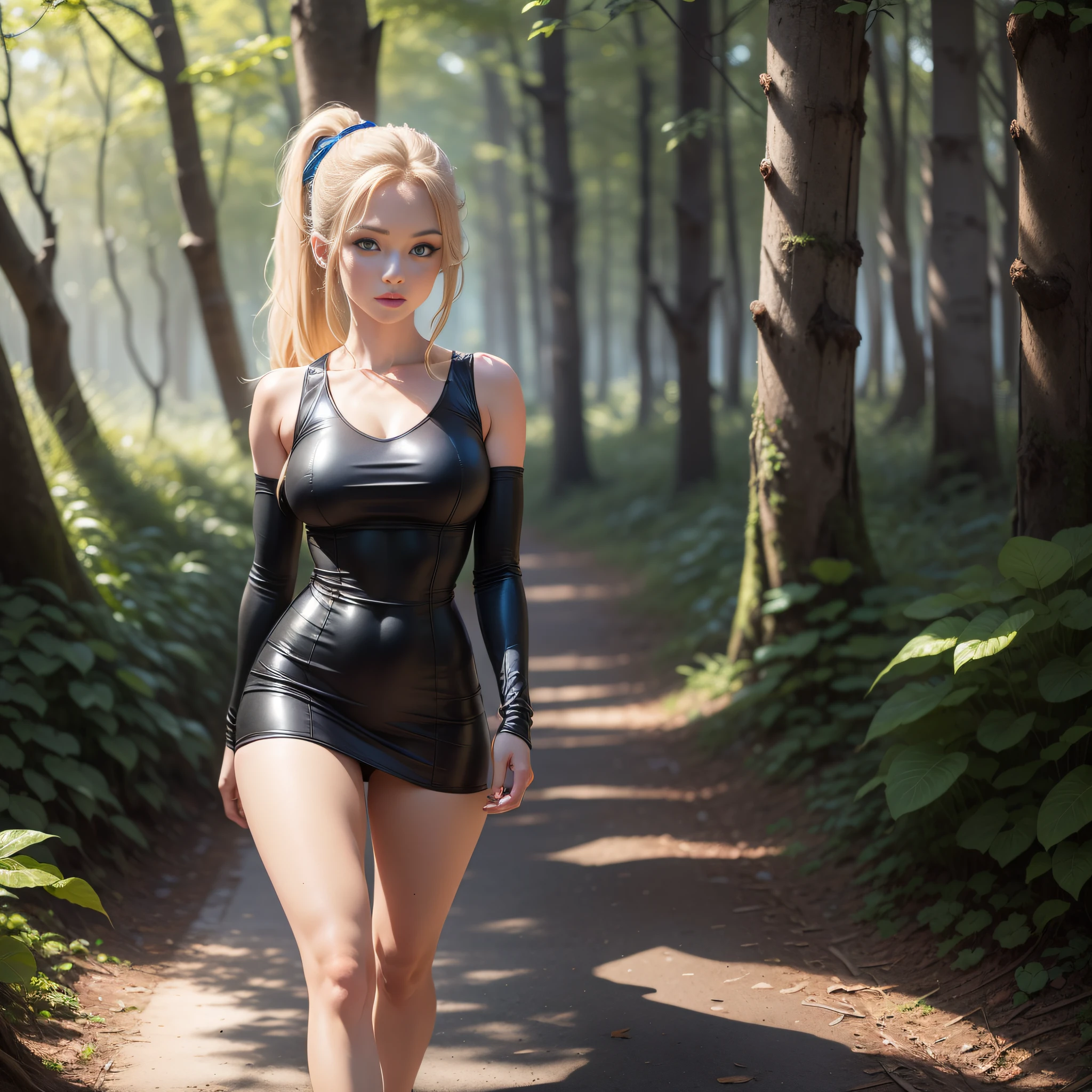 (masterpiece, best quality) 1.5, 1girl, solo, (sexy, beautiful woman, perfect face, perfect eyes), samus aran, black leather dress, full body, walking in the forest (blue eyes, long blonde hair, ponytail)