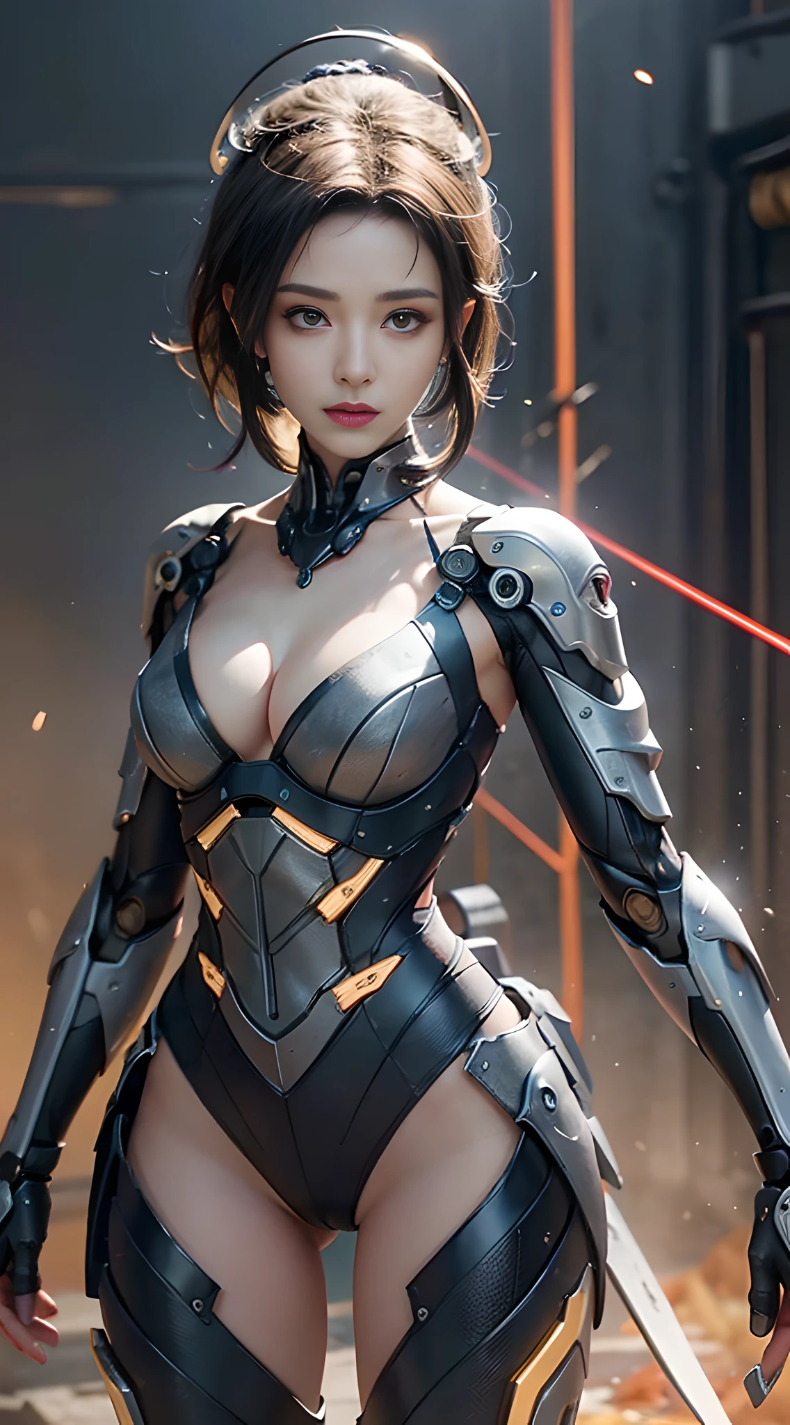 (1.5), (1 mechanical girl: 1.5), full body, solo, slender waist, thick thighs, (mechanical joints: 1.2), (mechanical limbs: 1.1), (blood vessels connected to tubes), (mechanical vertebral attached to the back), (mechanical neck attached to the neck), armored lights, mecha head mirror, (glowing arms: 1.5), (laser eyes: 1.5), expressionless,, color, HDR, ray tracing, nvidia RTX, super resolution, Unreal 5, subsurface scattering, PBR textures, Post Processing, Anisotropic Filtering, Depth of Field, Maximum Sharpness and Sharpness, Rule of Thirds, 16k Raw, (Glow Particles: 1.4), Extremely Detailed CG, Unity 8K Wallpapers, 3D, Cinematic Lighting, Lens Halo, Reflections, Sharp Focus, Cyberpunk Art, Realistic, Highly Detailed CG Illustration, Extremely Delicate and Beautiful, Cinematic Light, (Realistic:1.5), (Dark Background: 1.5), Dynamic Angle, Masterpiece, Best Quality, Hyperdetail, Illustration, Detail Light, dramatic_shadow,Face Shadow, Extra Detail, Best Performance, (NSFW:0.5)