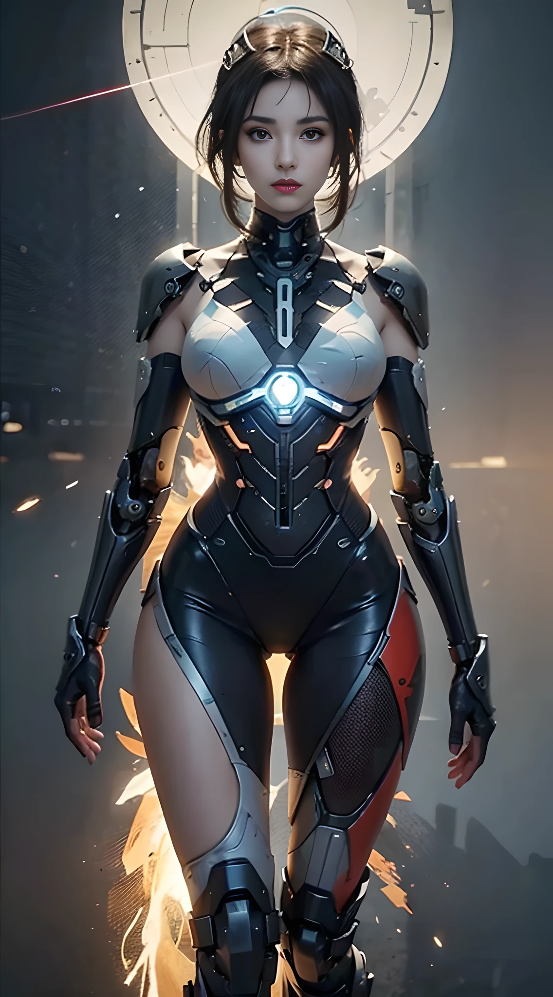 (1.5), (1 mechanical girl: 1.5), full body, solo, slender waist, thick thighs, (mechanical joints: 1.2), (mechanical limbs: 1.1), (blood vessels connected to tubes), (mechanical vertebral attached to the back), (mechanical neck attached to the neck), armored lights, mecha head mirror, (glowing arms: 1.5), (laser eyes: 1.5), expressionless,, color, HDR, ray tracing, nvidia RTX, super resolution, Unreal 5, subsurface scattering, PBR textures, Post Processing, Anisotropic Filtering, Depth of Field, Maximum Sharpness and Sharpness, Rule of Thirds, 16k Raw, (Glow Particles: 1.4), Extremely Detailed CG, Unity 8K Wallpapers, 3D, Cinematic Lighting, Lens Halo, Reflections, Sharp Focus, Cyberpunk Art, Realistic, Highly Detailed CG Illustration, Extremely Delicate and Beautiful, Cinematic Light, (Realistic:1.5), (Dark Background: 1.5), Dynamic Angle, Masterpiece, Best Quality, Hyperdetail, Illustration, Detail Light, dramatic_shadow,Face Shadow, Extra Detail, Best Performance, (NSFW:0.5)