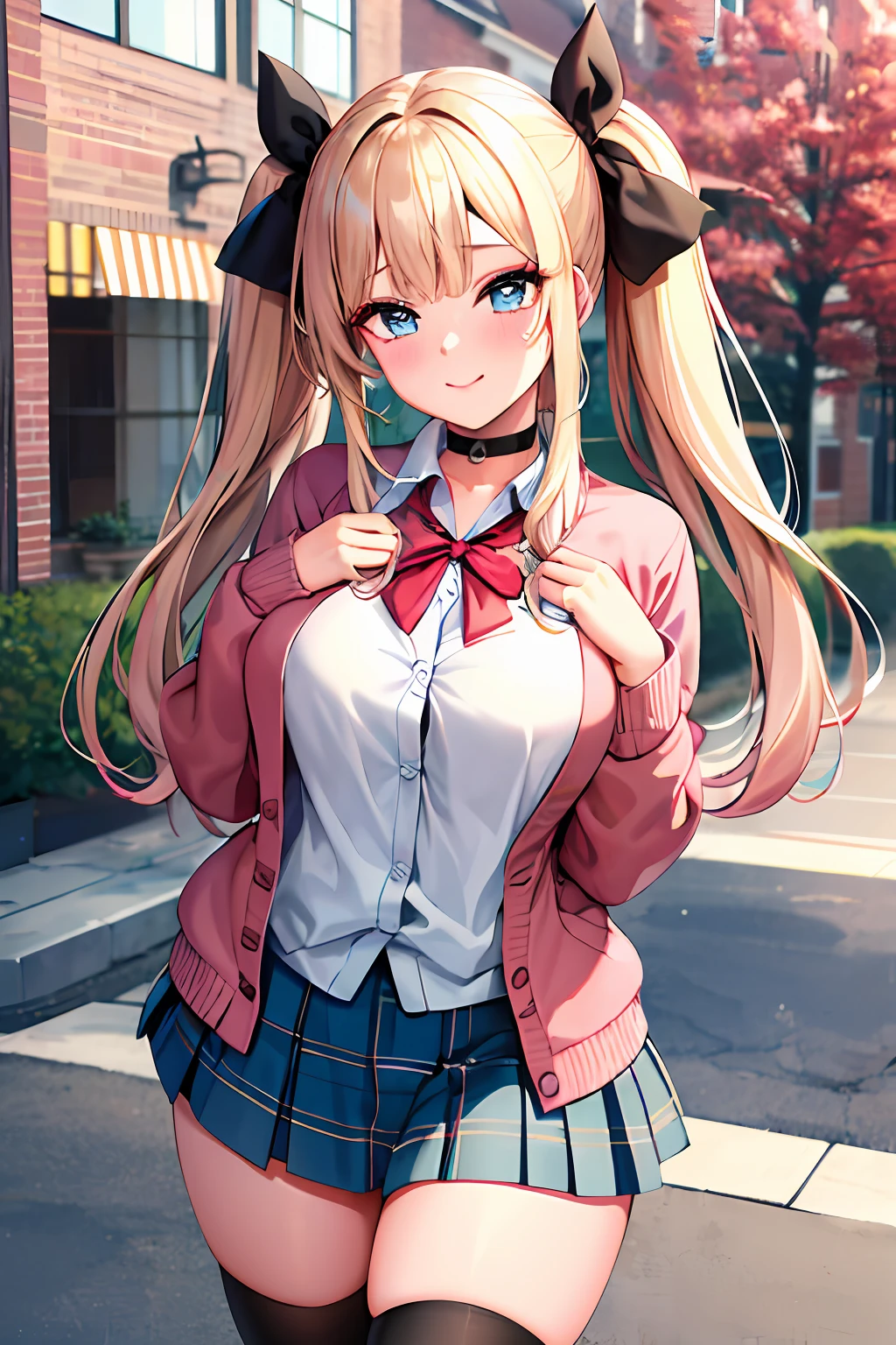 1girl, solo focus, young women, skin imperfection, light white skin, perfect face, puffy face, beautiful face, puffy eyes, blue eyes, big eyes, perfect eyes, eyelashes, long platinum blonde hair, bangs, makeup, blush, blush nose, glitter makeup on eyes, detailed anime soft face, pink clothes, highres, twintails, hair ribbon, long sleeves, red bow, pink cardigan, white thighhighs, plaid skirt, red ribbon, black choker, school uniform, open shirt, outdoors, cowboy shot, standing, smile, hands behind back