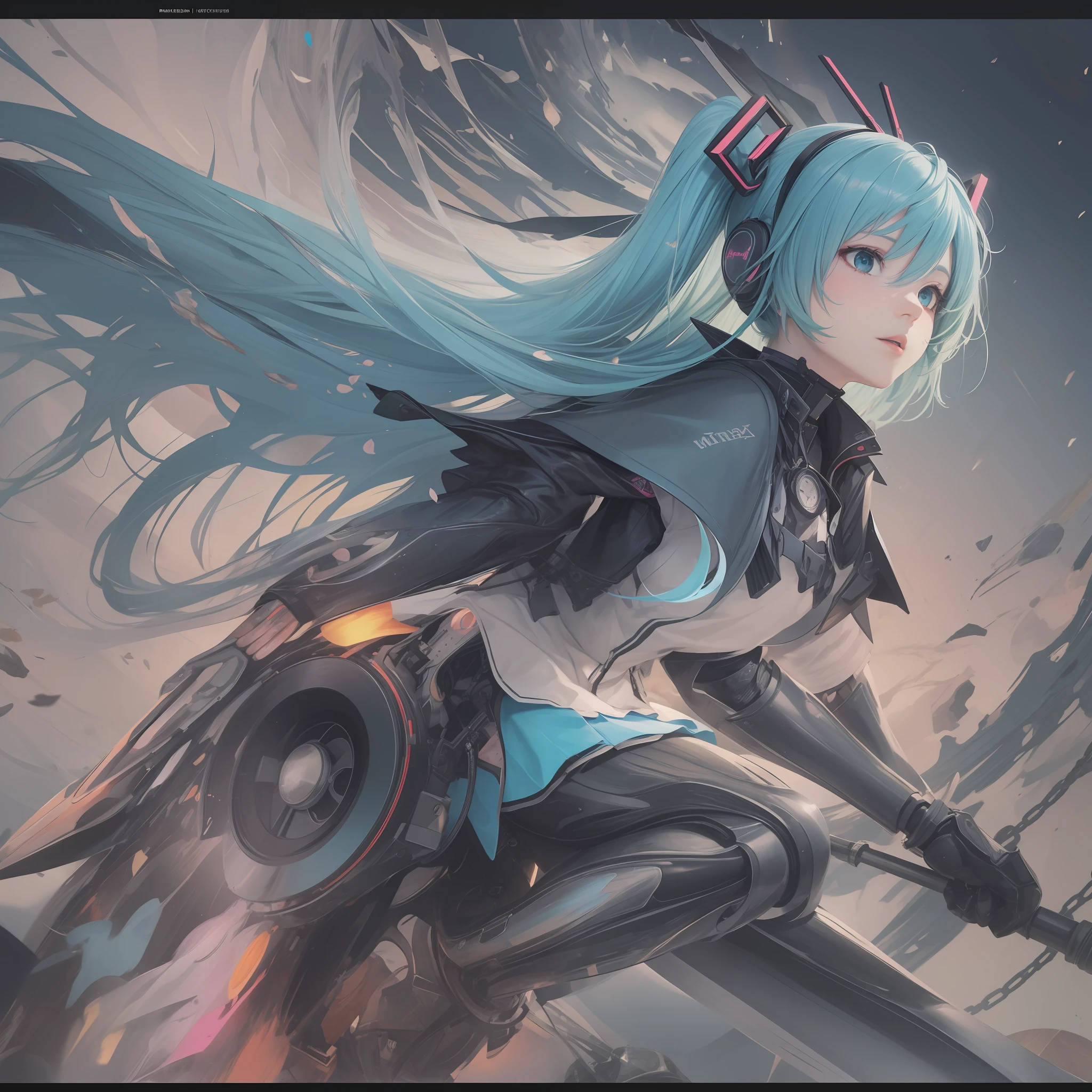 Hatsune Miku, riding a cyborg bird, ((hyper detail))(real: 1.5))(raw photo: 1.4), (photorealistic: 1.3), (masterpiece), highest quality, highest quality, highly detailed CG Unity 8k wallpaper, detailed and complex, original, miracle witch, turbulent space, flowers, high resolution, :( detail face: 1.2): 0.2], film grain, ( High Detail Skin: 0.9), 8K, Detailed Gradient Background, Stay Far