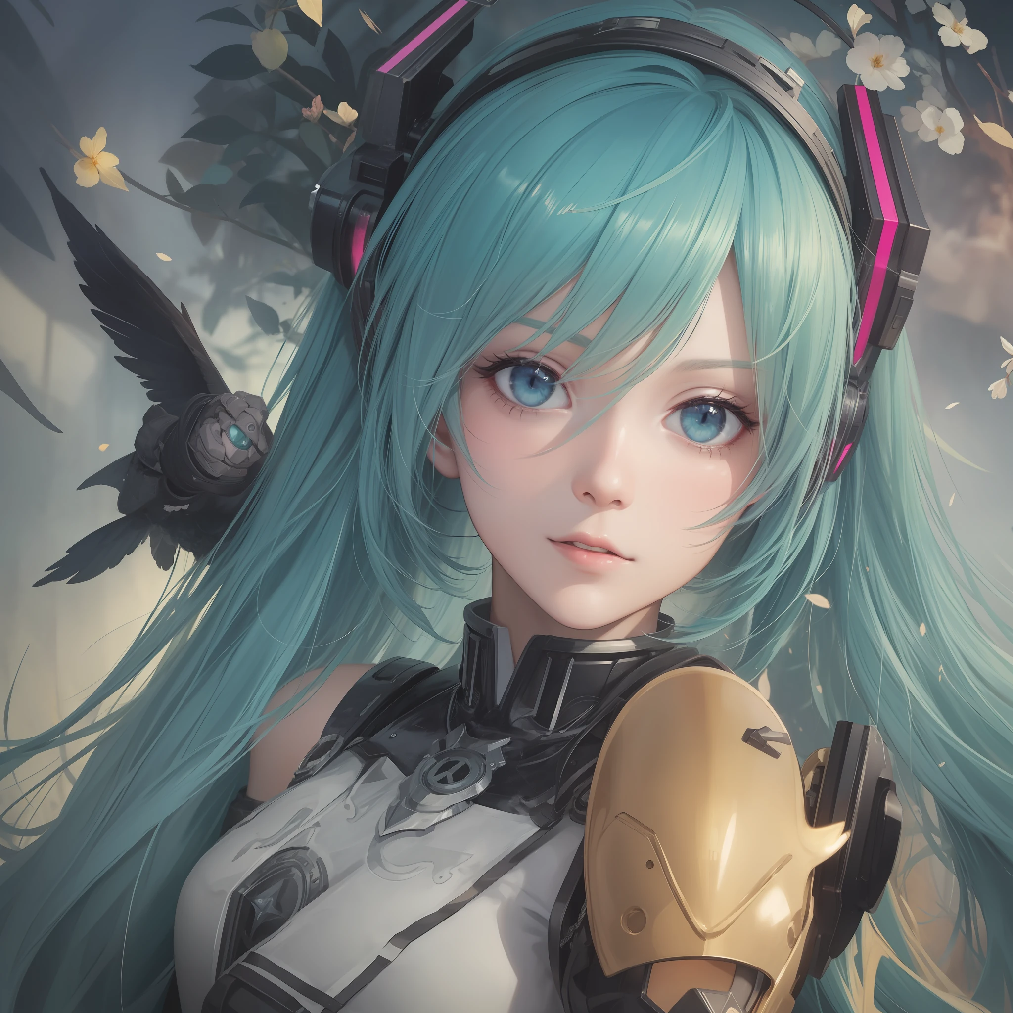 Hatsune Miku, riding a cyborg bird, ((hyper detail))(real: 1.5))(raw photo: 1.4), (photorealistic: 1.3), (masterpiece), highest quality, highest quality, highly detailed CG Unity 8k wallpaper, detailed and complex, original, miracle witch, turbulent space, flowers, high resolution, :( detail face: 1.2): 0.2], film grain, ( High Detail Skin: 0.9), 8K, Detailed Gradient Background, Stay Far
