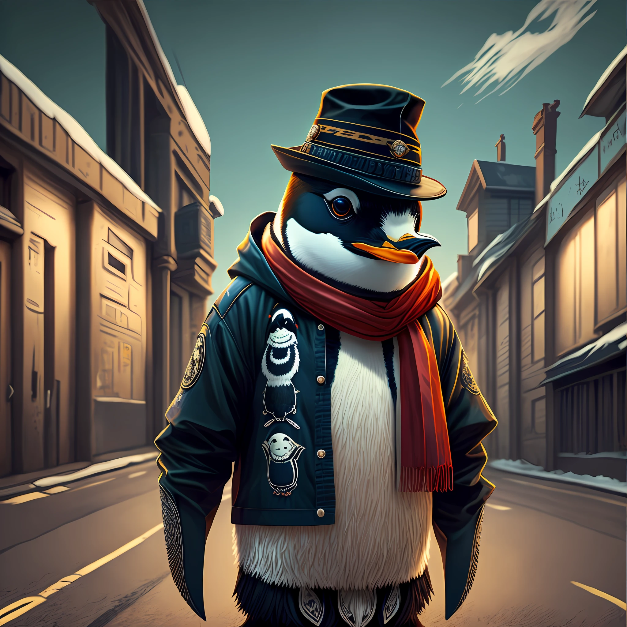 Image of a penguin with hat and scarf, art station trend, dressed in punk clothes, hyper realistic detailed rendering, British gang member, urban style, intimidating pose, planet of penguins, fashionable clothes, urban samurai, West Slavic features, circular design, shirt design --auto