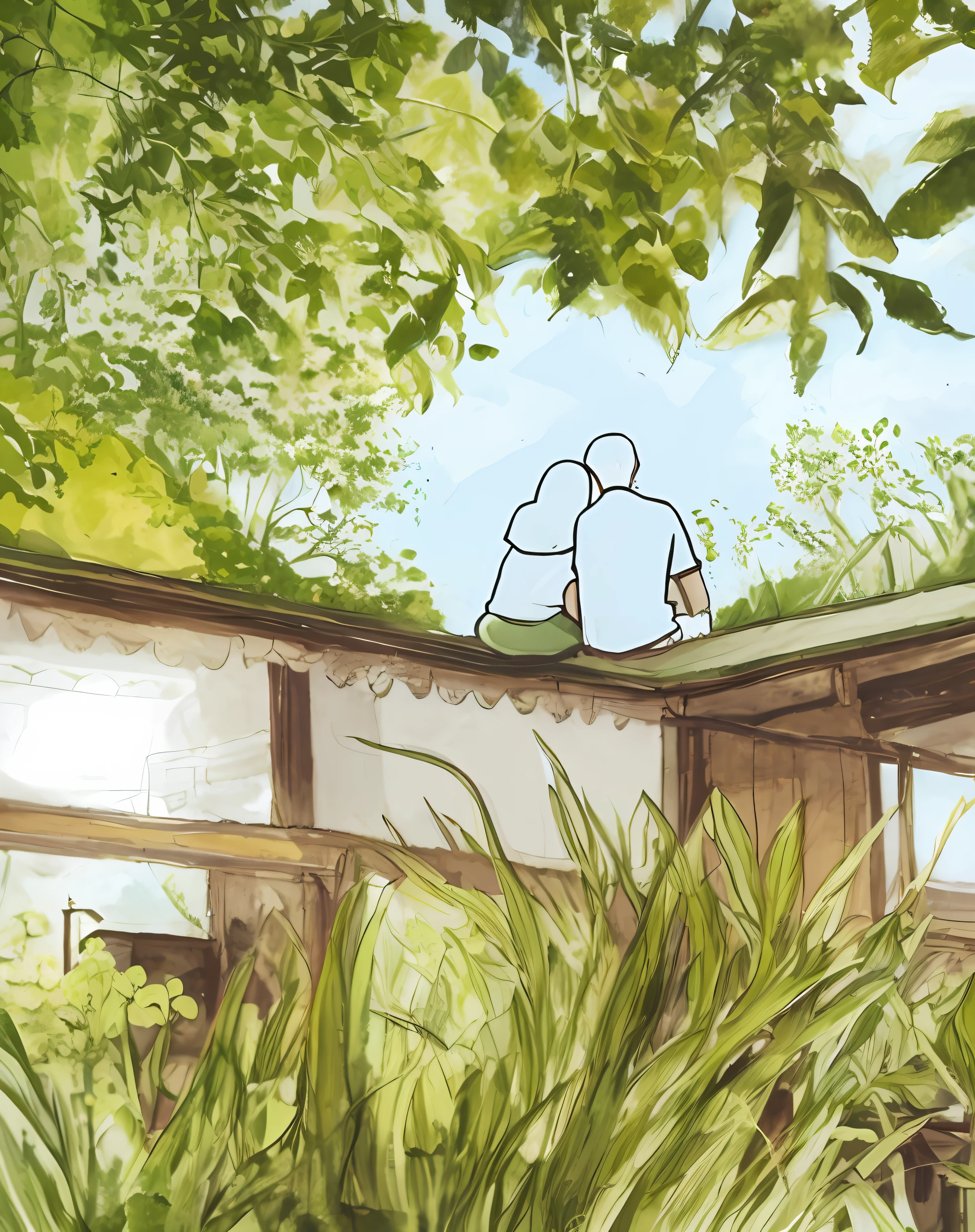 there is a drawing of a couple sitting on a bench, roof with vegetation, roofed forest, illustration!, nature outside, studio ghibli smooth concept art, on a sunny day, with a garden, studio ghibli sunlight, people looking at a house, summer afternoon, afternoon hangout, studio ghibli concept art, sunday afternoon, blurred and dreamy illustration, blurry and dreamy illustration
