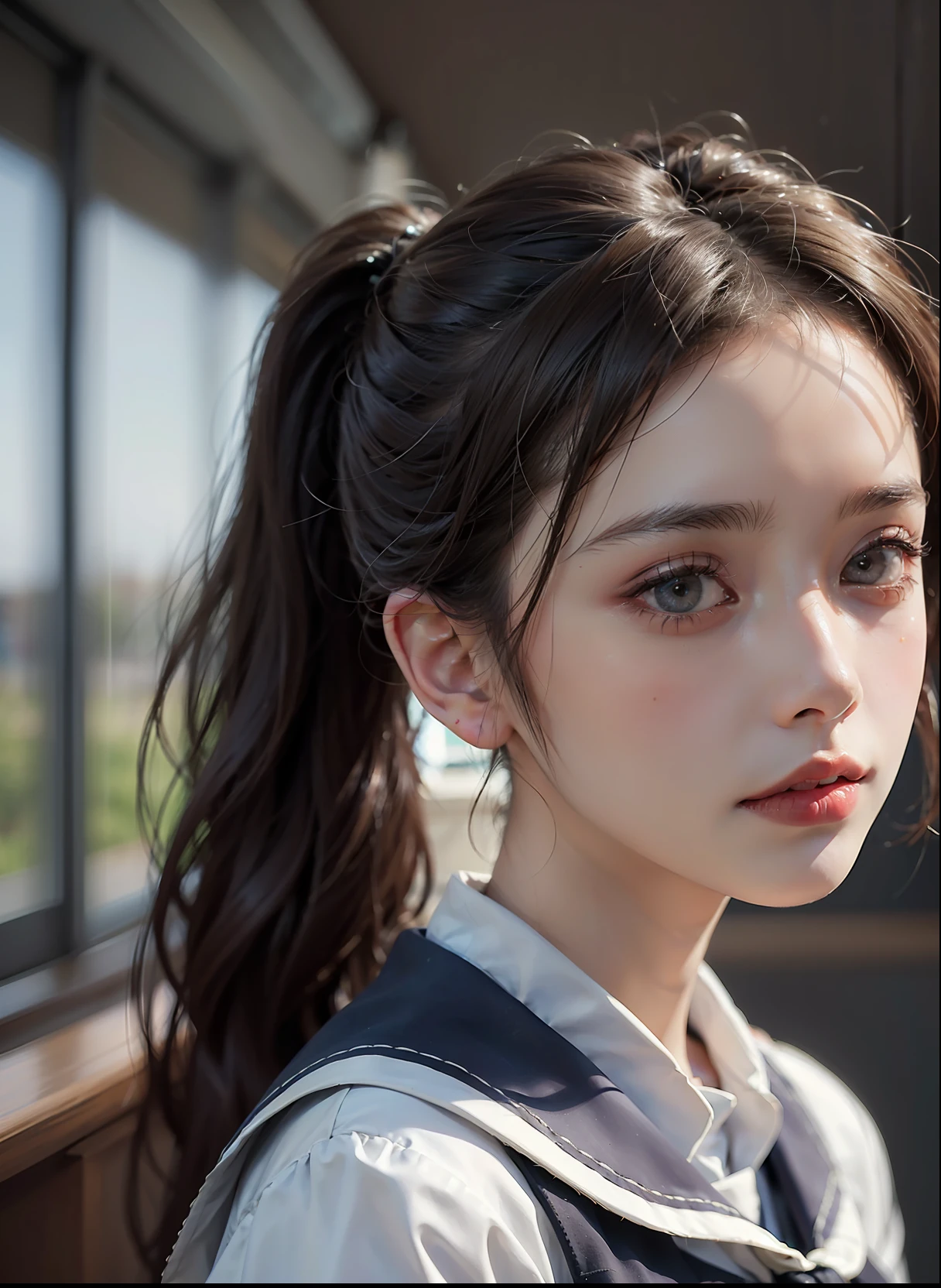Best quality,masterpiece,ultra high res,(photorealistic:1.4),raw photo,(Authentic skin texture:1.3),(film grain:1.3),panorama,18yo girl,character portrait,very wide shot,upper body,ponytail,school uniform,narrow waist,indoor,Tyndall effect,hollow eyes,beautiful detailed eyes and face,head down,brown eyes,