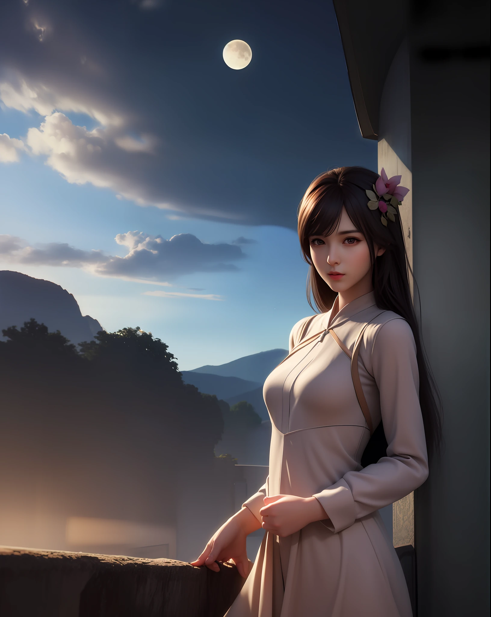 (8k, RAW photo:1.2), best quality, ultra high res,dramatic angle,(fluttered detailed color splashs), (illustration),(((1 girl))),(long hair),(rain:0.9), (头饰:1.4),少女身边有一座古宫,汉服,(重点),彩色水墨画,(泼彩),泼彩,(((colorful))),(素描:0.8) , Masterpiece, best quality, beautiful painted, highly detailed,(denoising:0.6),[splash ink],((ink refraction)), (beautiful detailed sky),moon,highly,detaild,(masterpiece, best quality, extremely detailed） CG unity 8k壁纸，杰作，最好的质量，超详细），（石蒜），