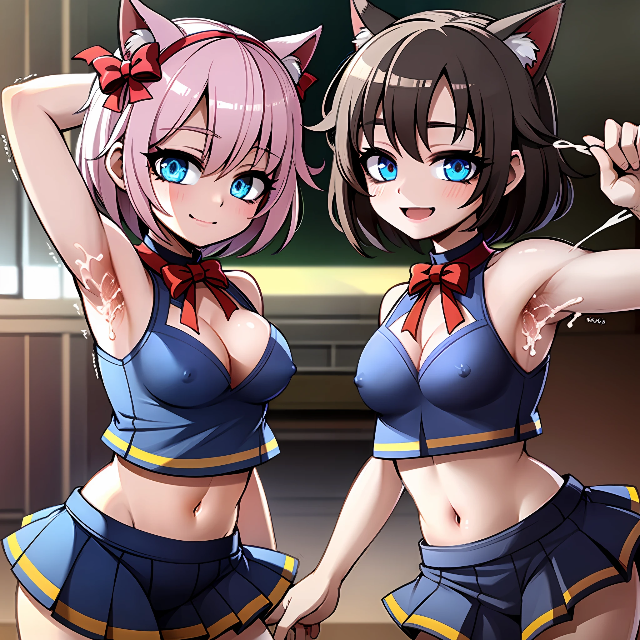 masterpiece, highest quality, NSFW,{{{{Cat ears}}}},{{{Cute girl}},{{Nipple slip},{{Cheerleading}},Dance,{{2girls}}},Sparkling anime eyes,{{{Lori}},{{Child}},Athletics,{{Happy Smile}},Short hair,{{Cheerleader}},{{Micro mini skirt}},{{ No Panties}},{{Small}},Small Build,{{Under}},{{Side},{{{Thighs}}},Ribbon Trim,Choker,Big Ribbon,Hair Ribbon,Hair Clip, (Armpit Ejaculation:1.5)